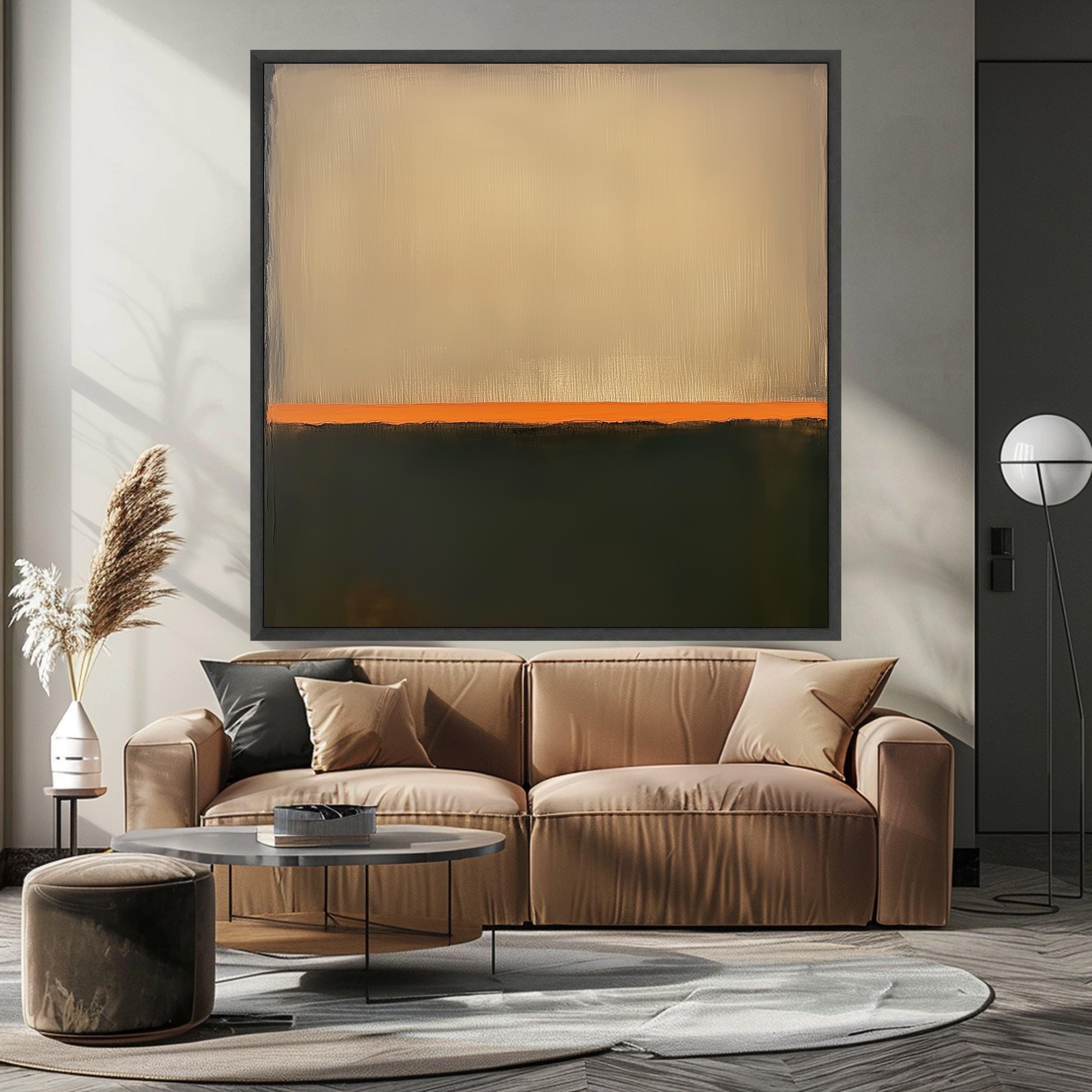 Mark Rothko Inspired No. 12, Beige and Dark Green Canvas, Abstract Color Block Wall Art, Orange Accent Stripe Canvas, Modern Ready To Hang,