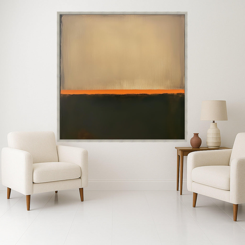 Mark Rothko Inspired No. 12, Beige and Dark Green Canvas, Abstract Color Block Wall Art, Orange Accent Stripe Canvas, Modern Ready To Hang,