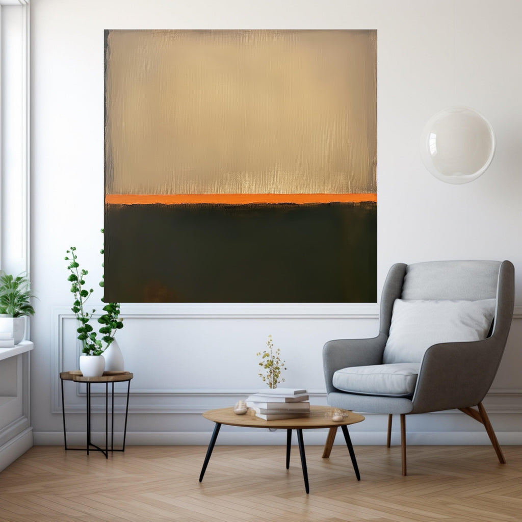 Mark Rothko Inspired No. 12, Beige and Dark Green Canvas, Abstract Color Block Wall Art, Orange Accent Stripe Canvas, Modern Ready To Hang,