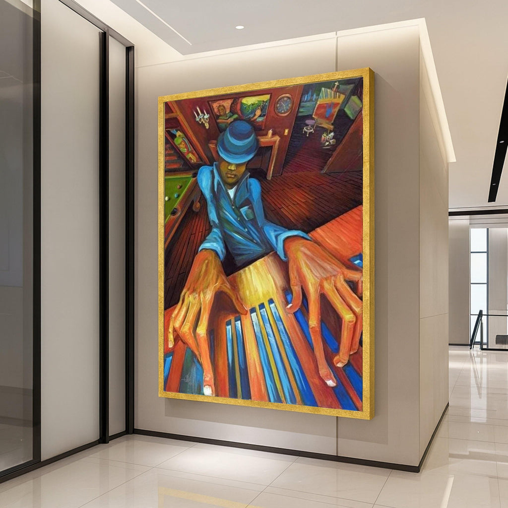 Jazz Piano Player Canvas Art, Blue Hat Musician Wall Art, Abstract Music Theme Canvas, Vibrant Home Decor, Artistic Musician Ready To Hang,