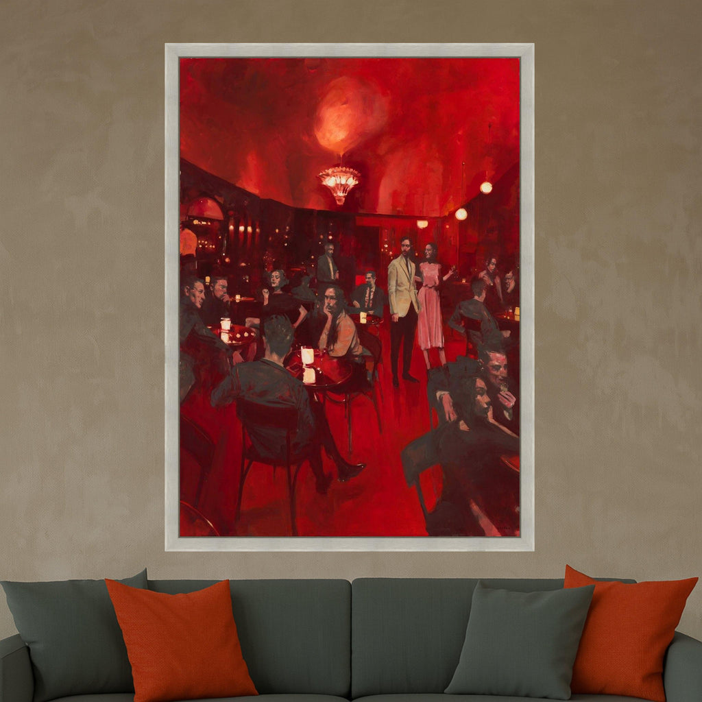Vintage Nightclub Scene Canvas, Red Ambiance Wall Art, Social Gathering Painting, Elegant Cocktail Party Canvas, Retro Bar Ready To Hang,