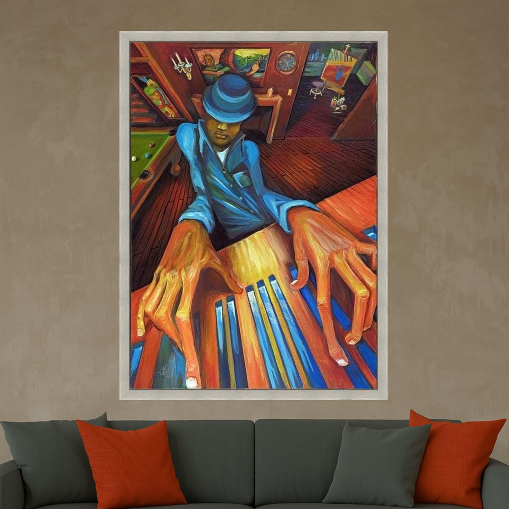 Jazz Piano Player Canvas Art, Blue Hat Musician Wall Art, Abstract Music Theme Canvas, Vibrant Home Decor, Artistic Musician Ready To Hang,