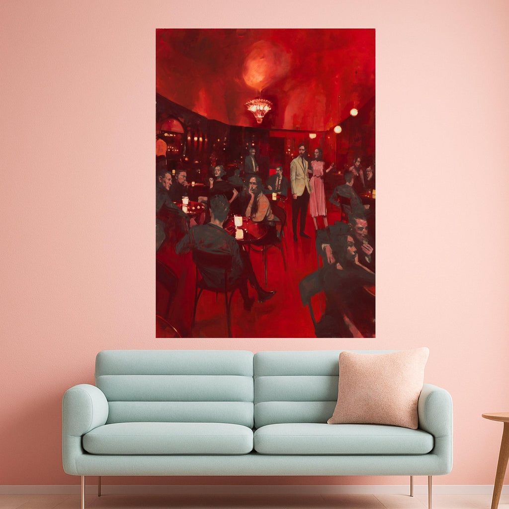 Vintage Nightclub Scene Canvas, Red Ambiance Wall Art, Social Gathering Painting, Elegant Cocktail Party Canvas, Retro Bar Ready To Hang,