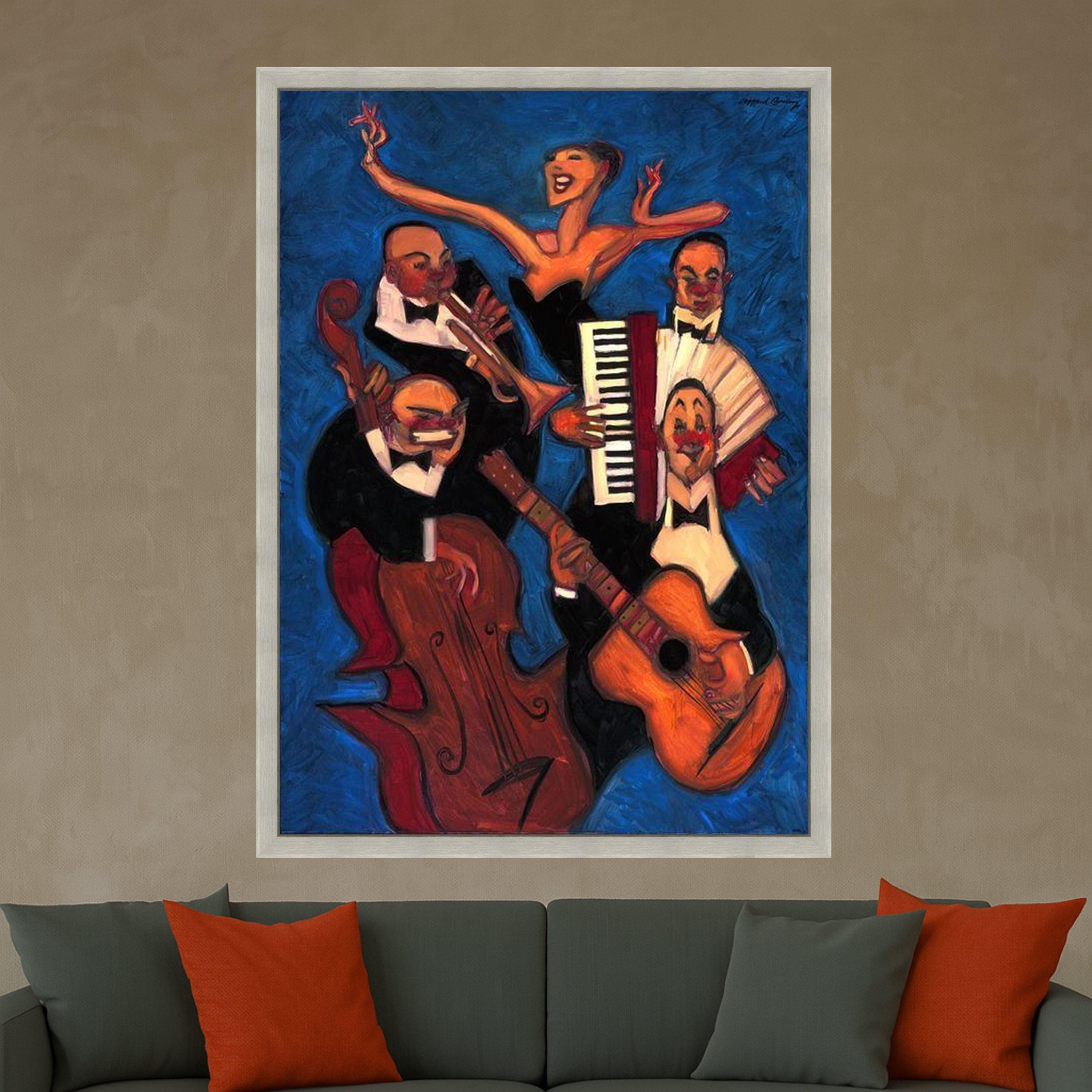 Jazz Band Performance Canvas Wall Art, Abstract Musician Painting, Live Music Scene Decor, Vibrant Blue Background, Ready To Hang,