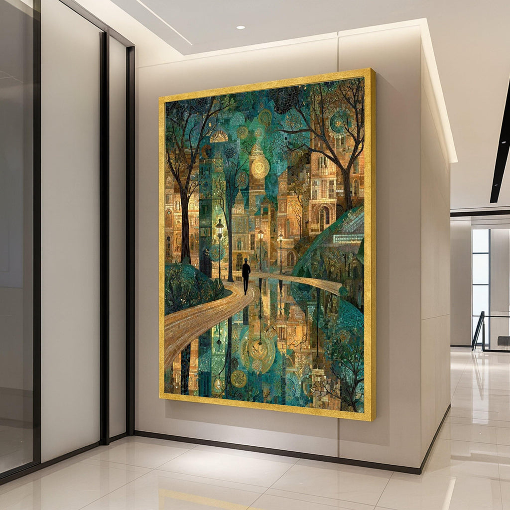 Enchanted Cityscape Mosaic Canvas, Urban Nightscape Wall Art, Reflective Water Pathway, Artistic Landscape Decoration, Modern Ready To Hang,