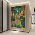 Enchanted Cityscape Mosaic Canvas, Urban Nightscape Wall Art, Reflective Water Pathway, Artistic Landscape Decoration, Modern Ready To Hang,