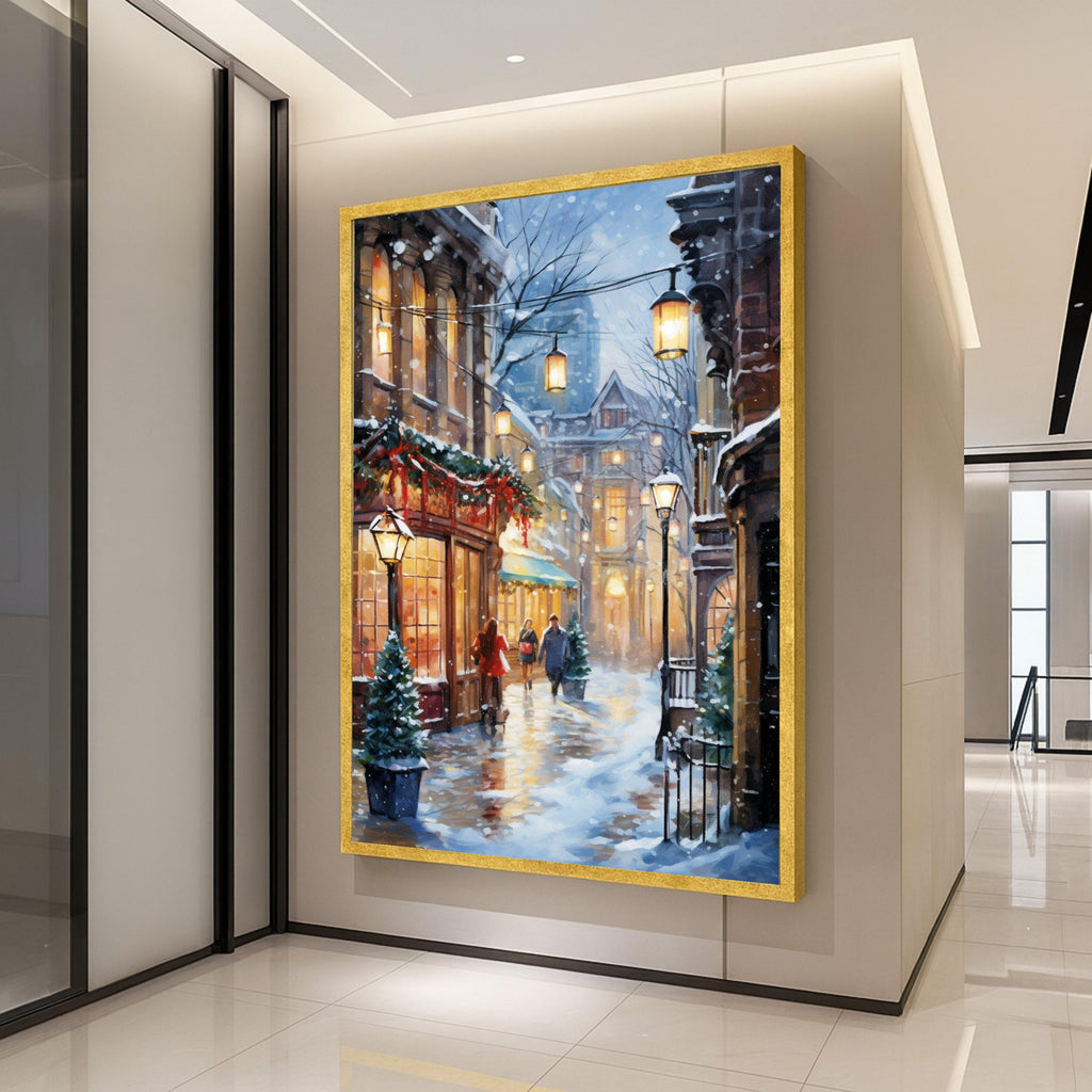 Cozy Winter Street Scene Canvas, Snowy Cityscape Wall Art, Holiday Lights Decor, Romantic Evening Painting, Warm Glow Canvas Ready To Hang,