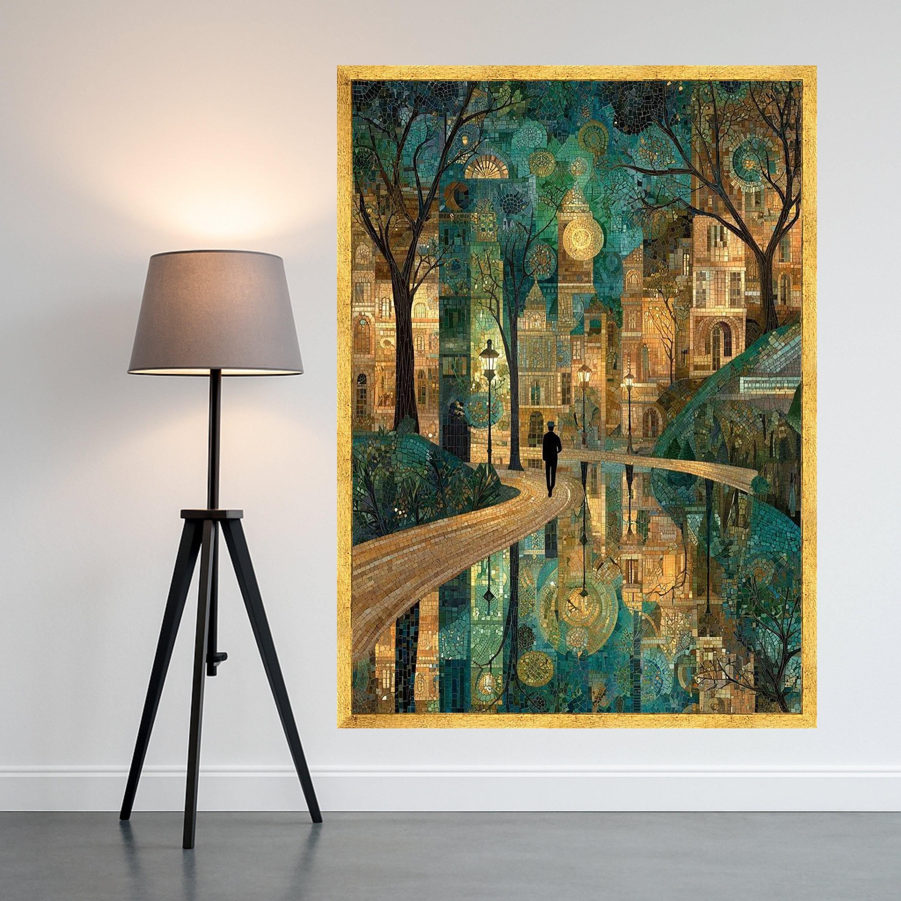Enchanted Cityscape Mosaic Canvas, Urban Nightscape Wall Art, Reflective Water Pathway, Artistic Landscape Decoration, Modern Ready To Hang,