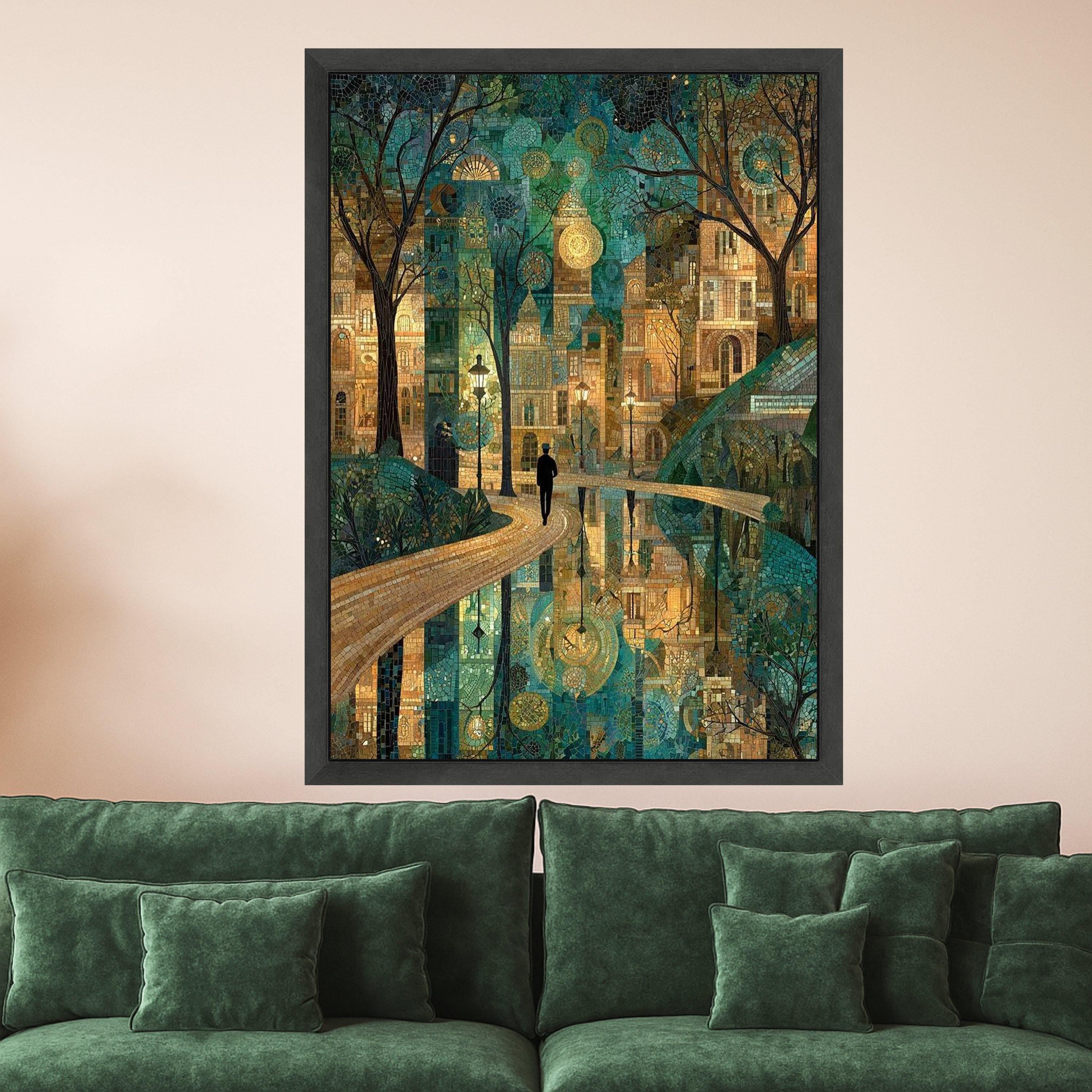 Enchanted Cityscape Mosaic Canvas, Urban Nightscape Wall Art, Reflective Water Pathway, Artistic Landscape Decoration, Modern Ready To Hang,