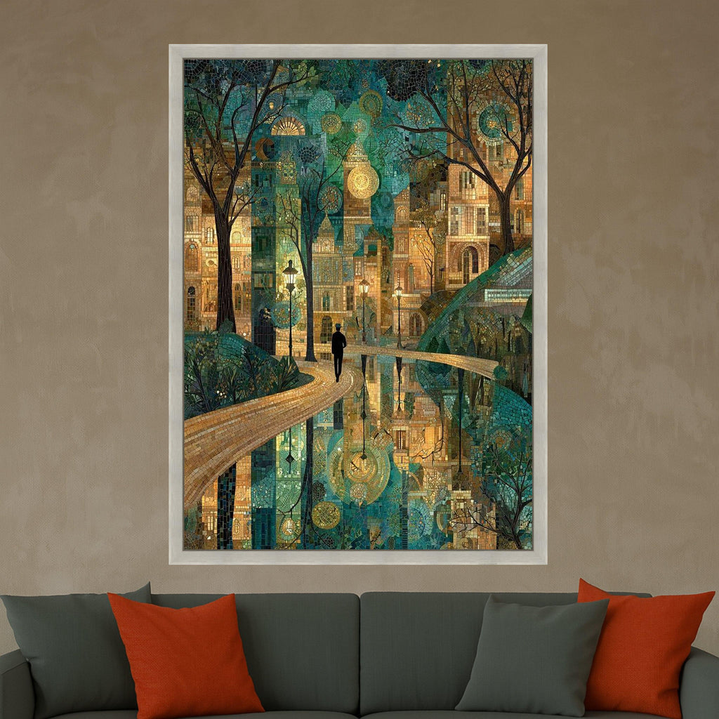 Enchanted Cityscape Mosaic Canvas, Urban Nightscape Wall Art, Reflective Water Pathway, Artistic Landscape Decoration, Modern Ready To Hang,