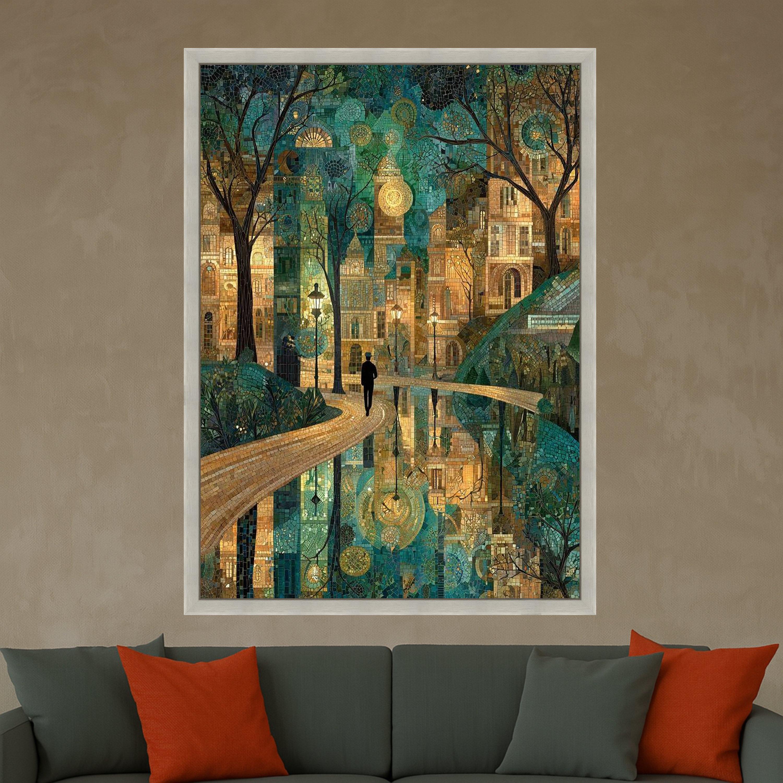 Enchanted Cityscape Mosaic Canvas, Urban Nightscape Wall Art, Reflective Water Pathway, Artistic Landscape Decoration, Modern Ready To Hang,