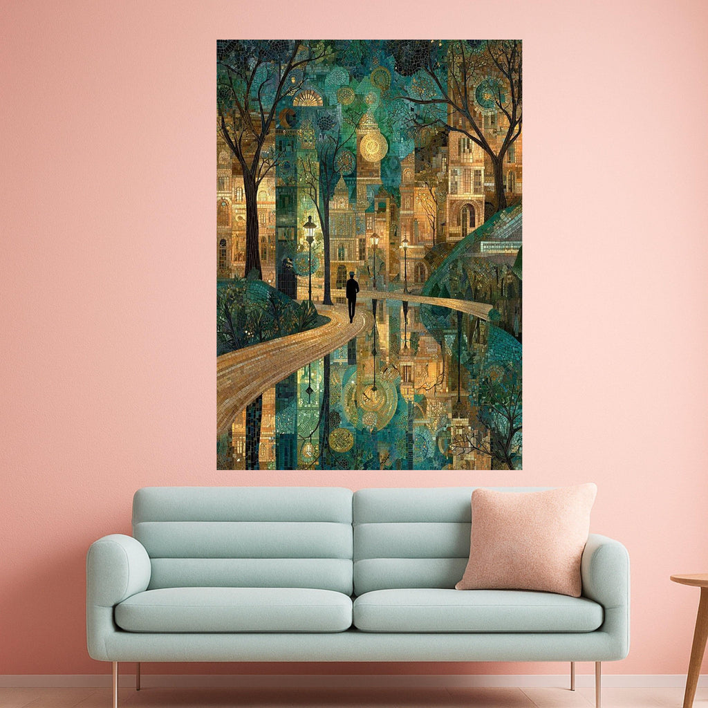 Enchanted Cityscape Mosaic Canvas, Urban Nightscape Wall Art, Reflective Water Pathway, Artistic Landscape Decoration, Modern Ready To Hang,