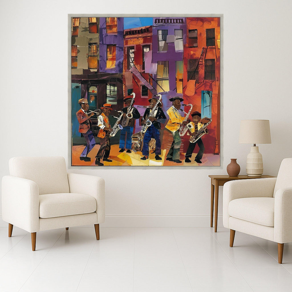 Vibrant Jazz Band Street Scene Canvas, Urban Music Wall Art, Colorful Cityscape Canvas, Musical Instruments Artwork, Home Ready To Hang,