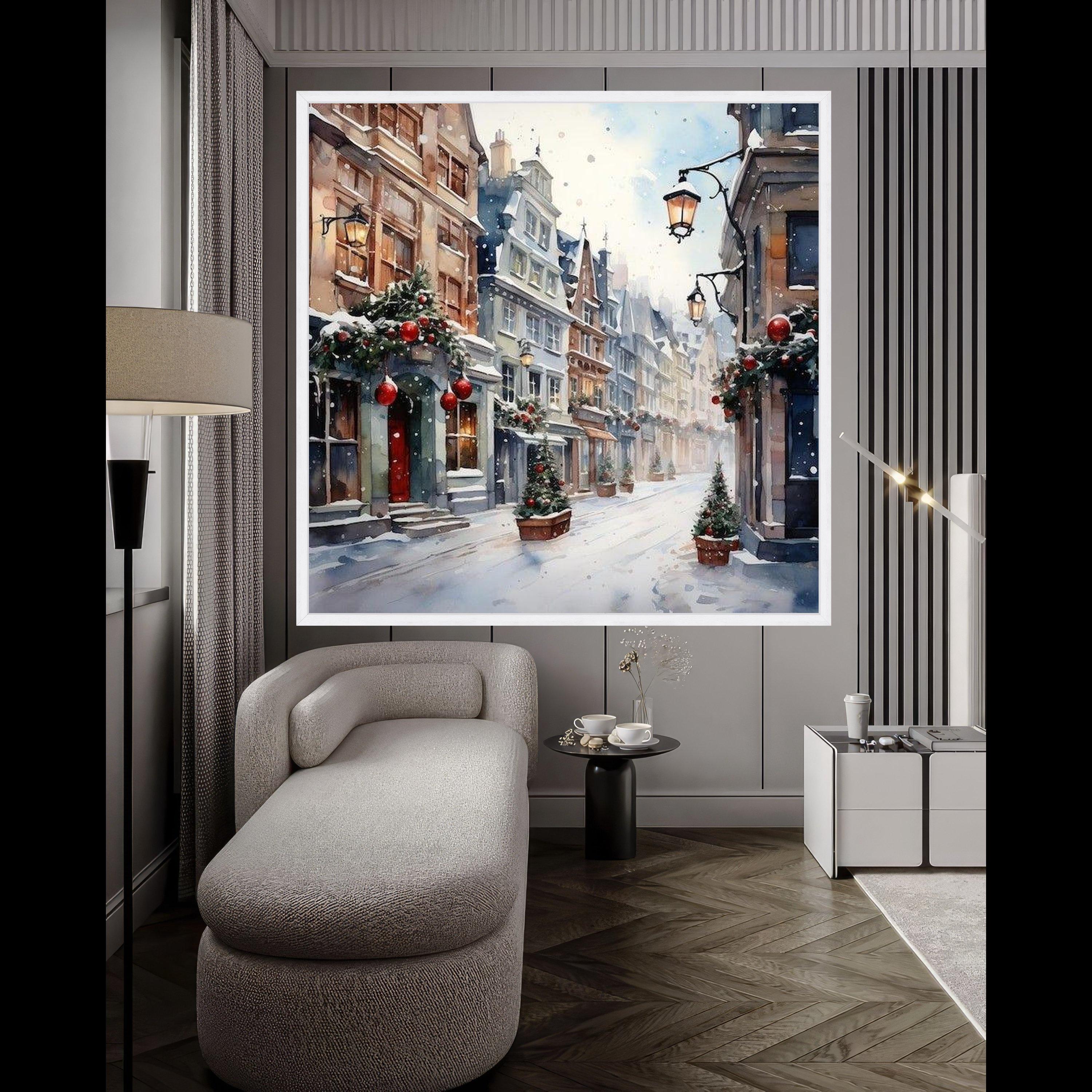 Cozy Winter Street Scene Canvas, Snowy Townscape Wall Art, Christmas Holiday Decor, Festive Urban Landscape Canvas, Seasonal Ready To Hang,