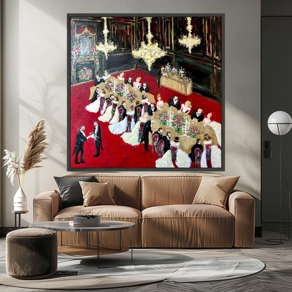 Elegant Victorian Banquet Scene Canvas, Formal Dinner Party Wall Art, Vintage Ballroom Celebration Painting, Classic Home Ready To Hang,