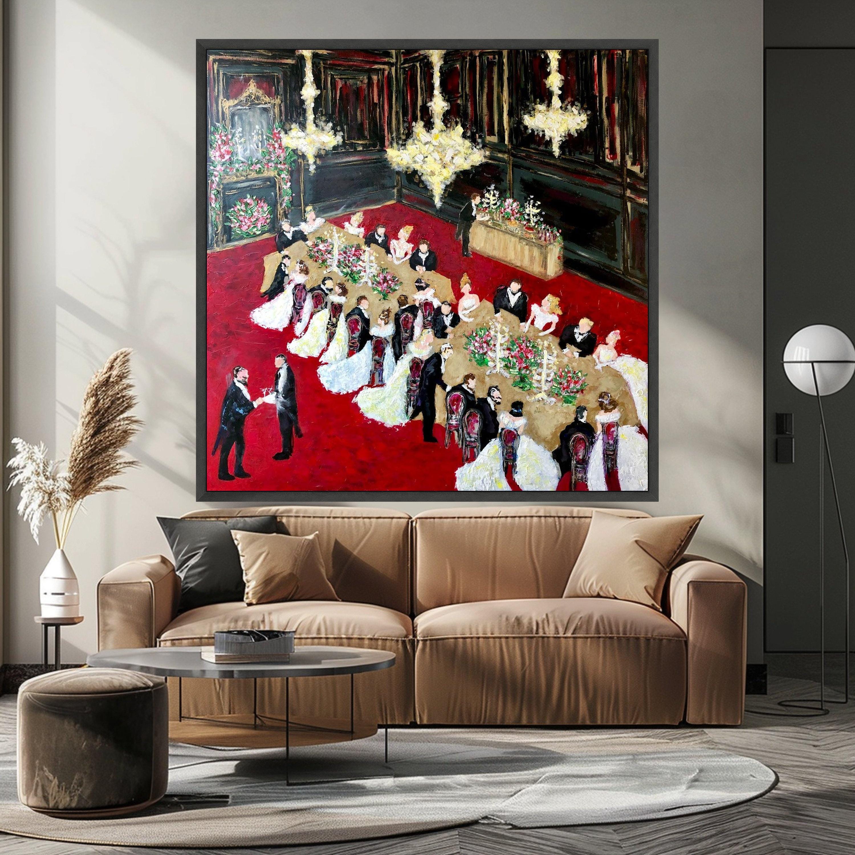 Elegant Victorian Banquet Scene Canvas, Formal Dinner Party Wall Art, Vintage Ballroom Celebration Painting, Classic Home Ready To Hang,