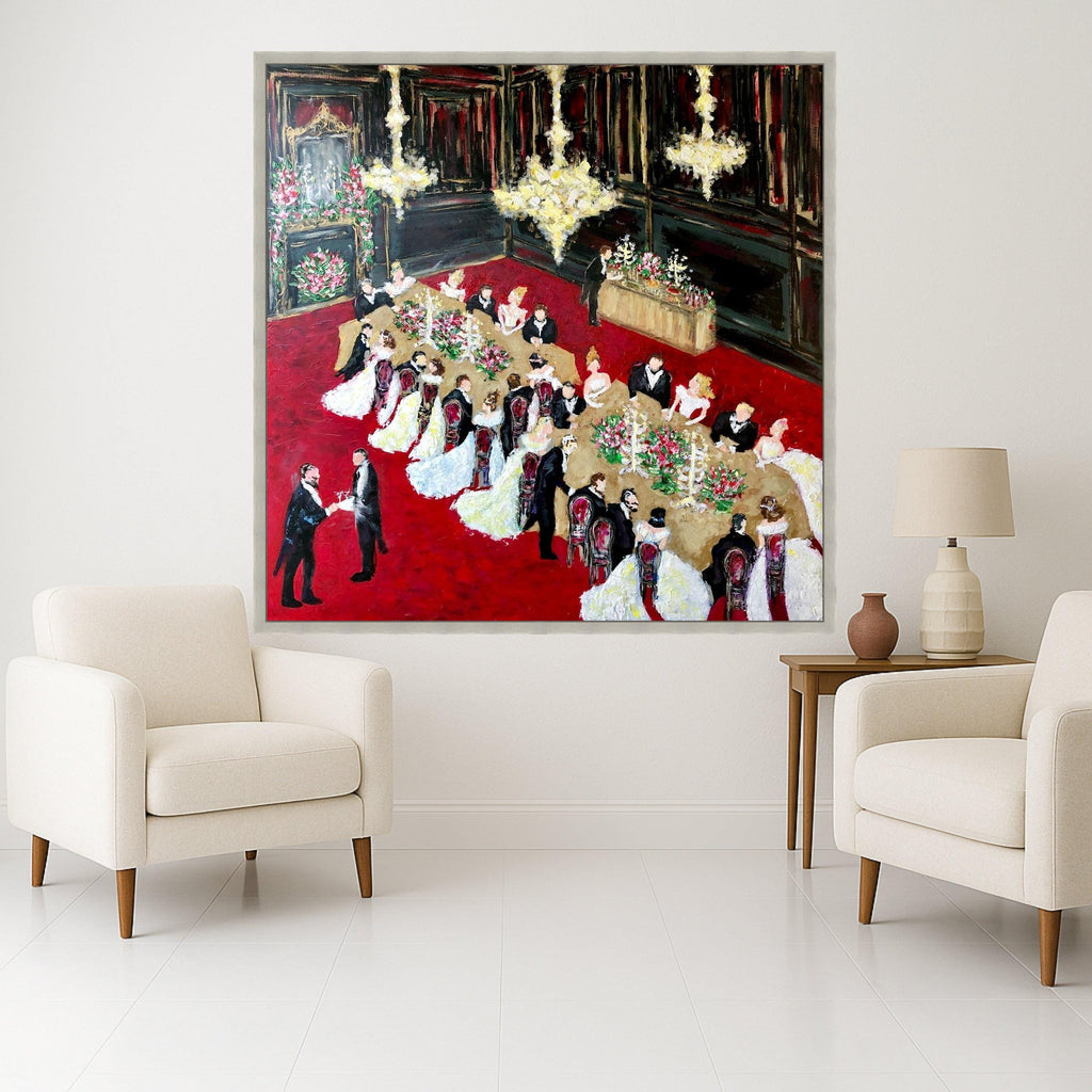Elegant Victorian Banquet Scene Canvas, Formal Dinner Party Wall Art, Vintage Ballroom Celebration Painting, Classic Home Ready To Hang,