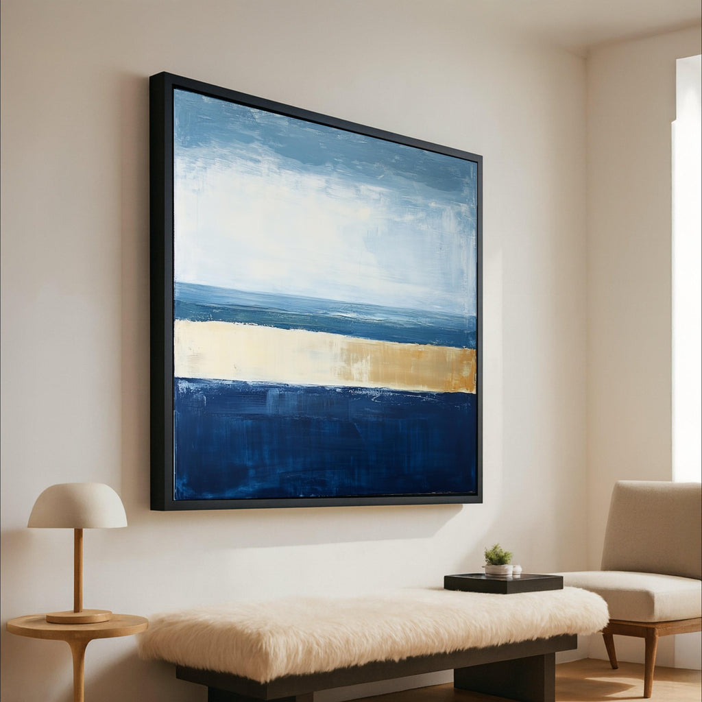 Coastal Horizon Abstract Canvas, Blue and Beige Modern Wall Art, Seascape Inspired Home Decor, Canvas Painting, Ready to Hang Ready To Hang,