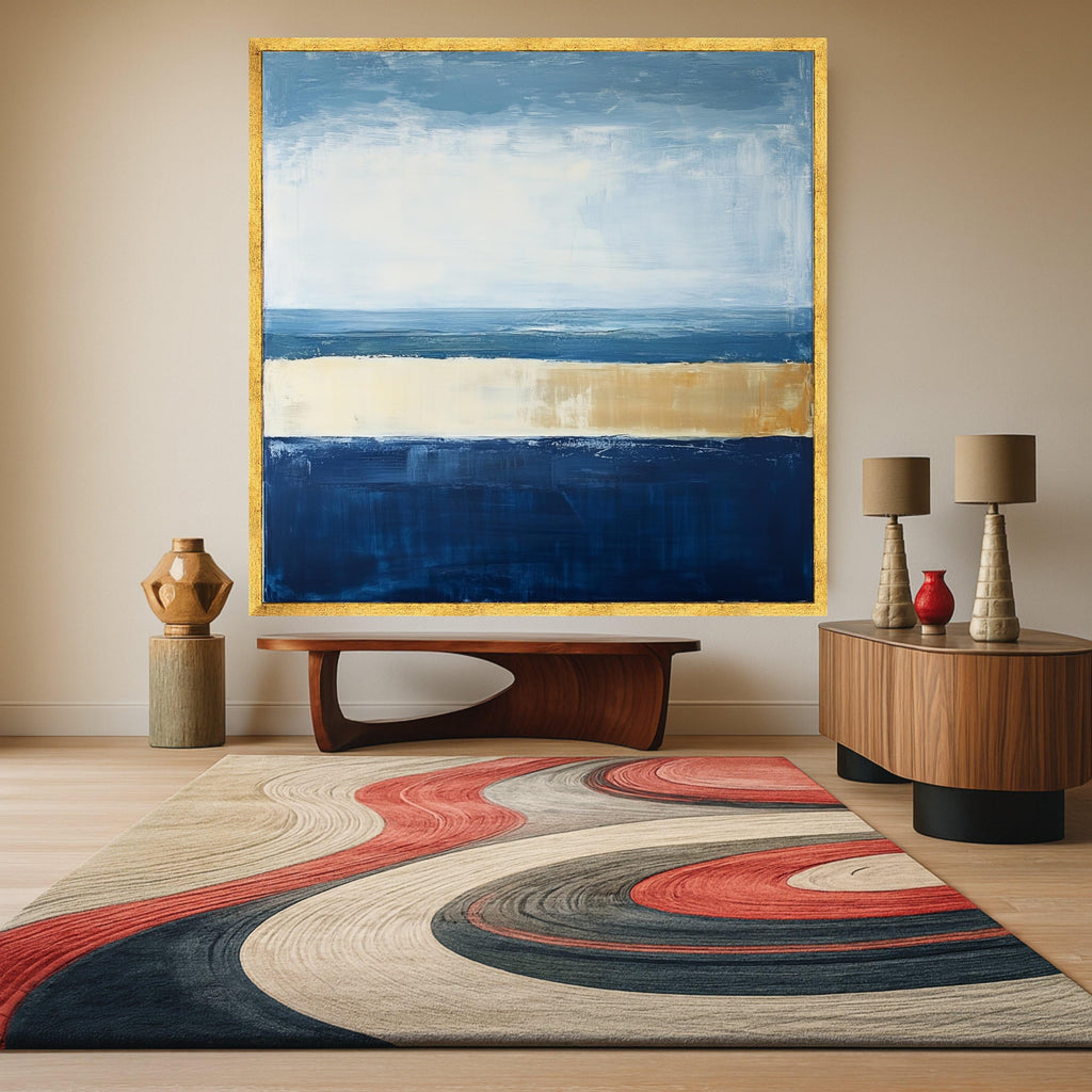 Coastal Horizon Abstract Canvas, Blue and Beige Modern Wall Art, Seascape Inspired Home Decor, Canvas Painting, Ready to Hang Ready To Hang,