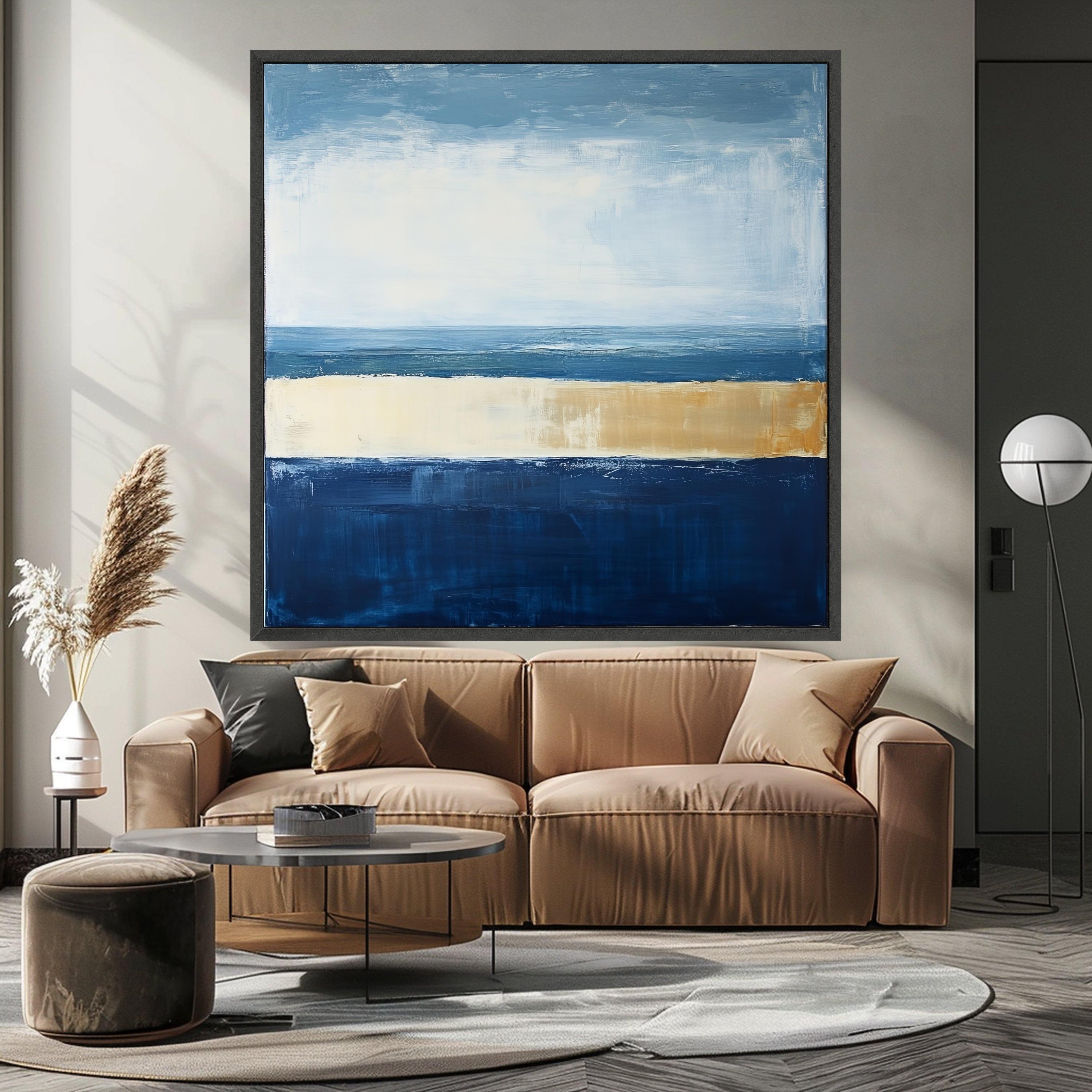 Coastal Horizon Abstract Canvas, Blue and Beige Modern Wall Art, Seascape Inspired Home Decor, Canvas Painting, Ready to Hang Ready To Hang,