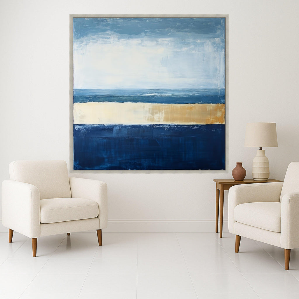 Coastal Horizon Abstract Canvas, Blue and Beige Modern Wall Art, Seascape Inspired Home Decor, Canvas Painting, Ready to Hang Ready To Hang,