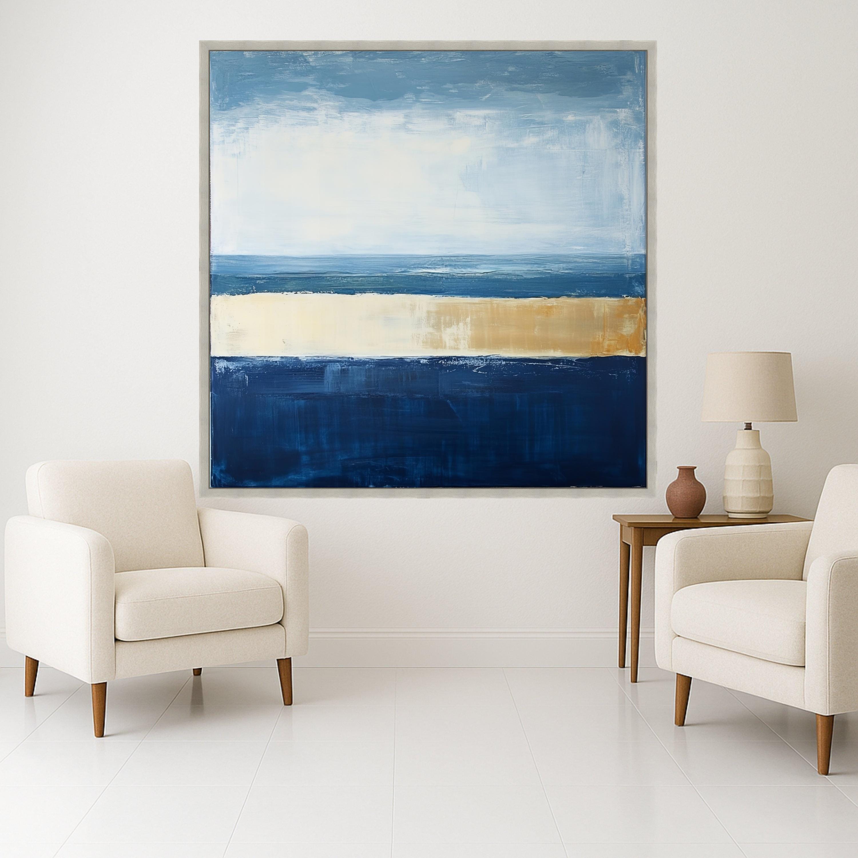 Coastal Horizon Abstract Canvas, Blue and Beige Modern Wall Art, Seascape Inspired Home Decor, Canvas Painting, Ready to Hang Ready To Hang,