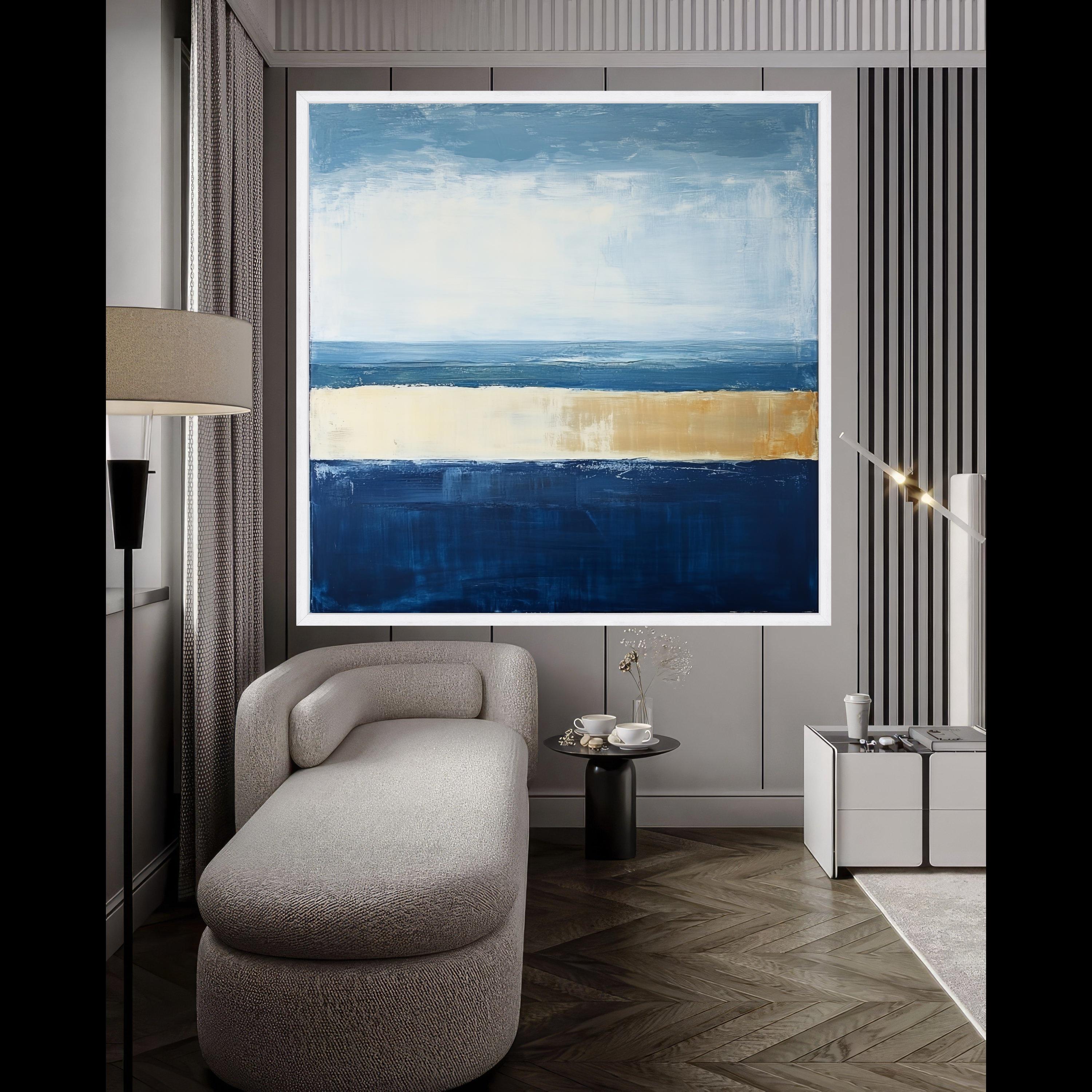 Coastal Horizon Abstract Canvas, Blue and Beige Modern Wall Art, Seascape Inspired Home Decor, Canvas Painting, Ready to Hang Ready To Hang,
