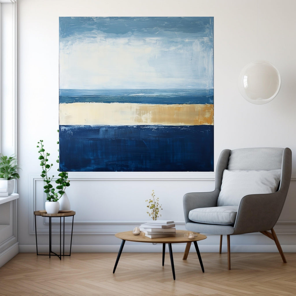 Coastal Horizon Abstract Canvas, Blue and Beige Modern Wall Art, Seascape Inspired Home Decor, Canvas Painting, Ready to Hang Ready To Hang,