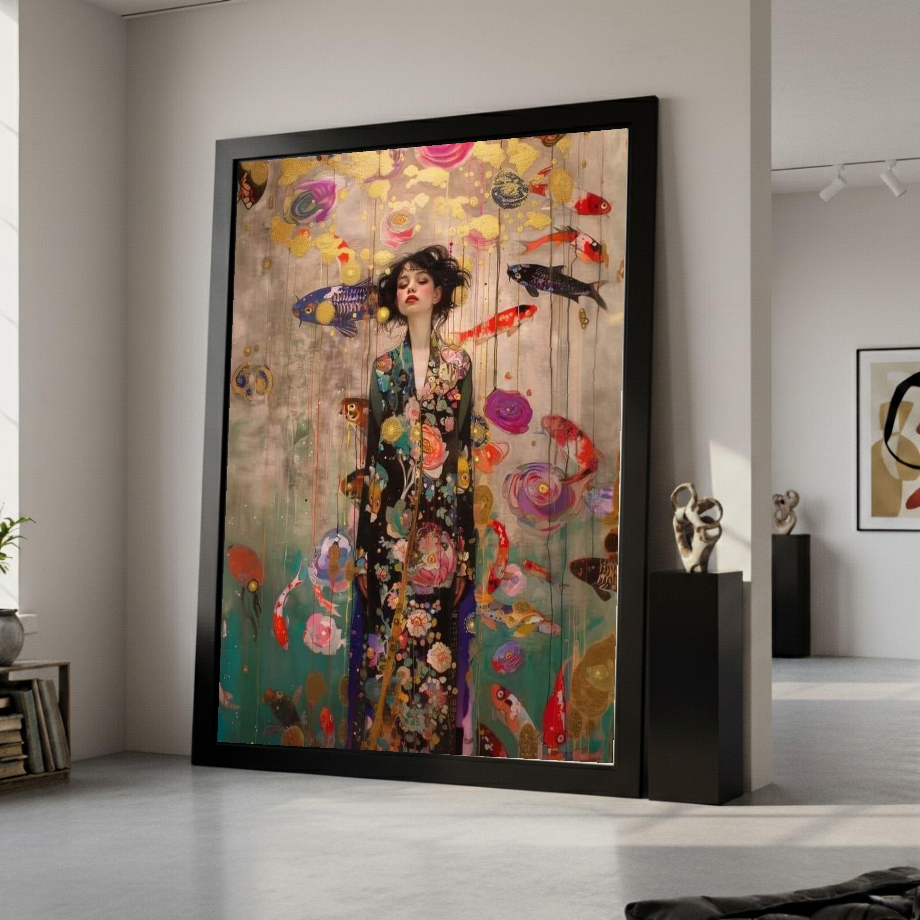 Elegant Woman in Floral Kimono, Koi Fish Canvas Wall Art, Gold Accents, Dreamy Asian Art Print, Modern Home Decoration, Ready Ready To Hang,