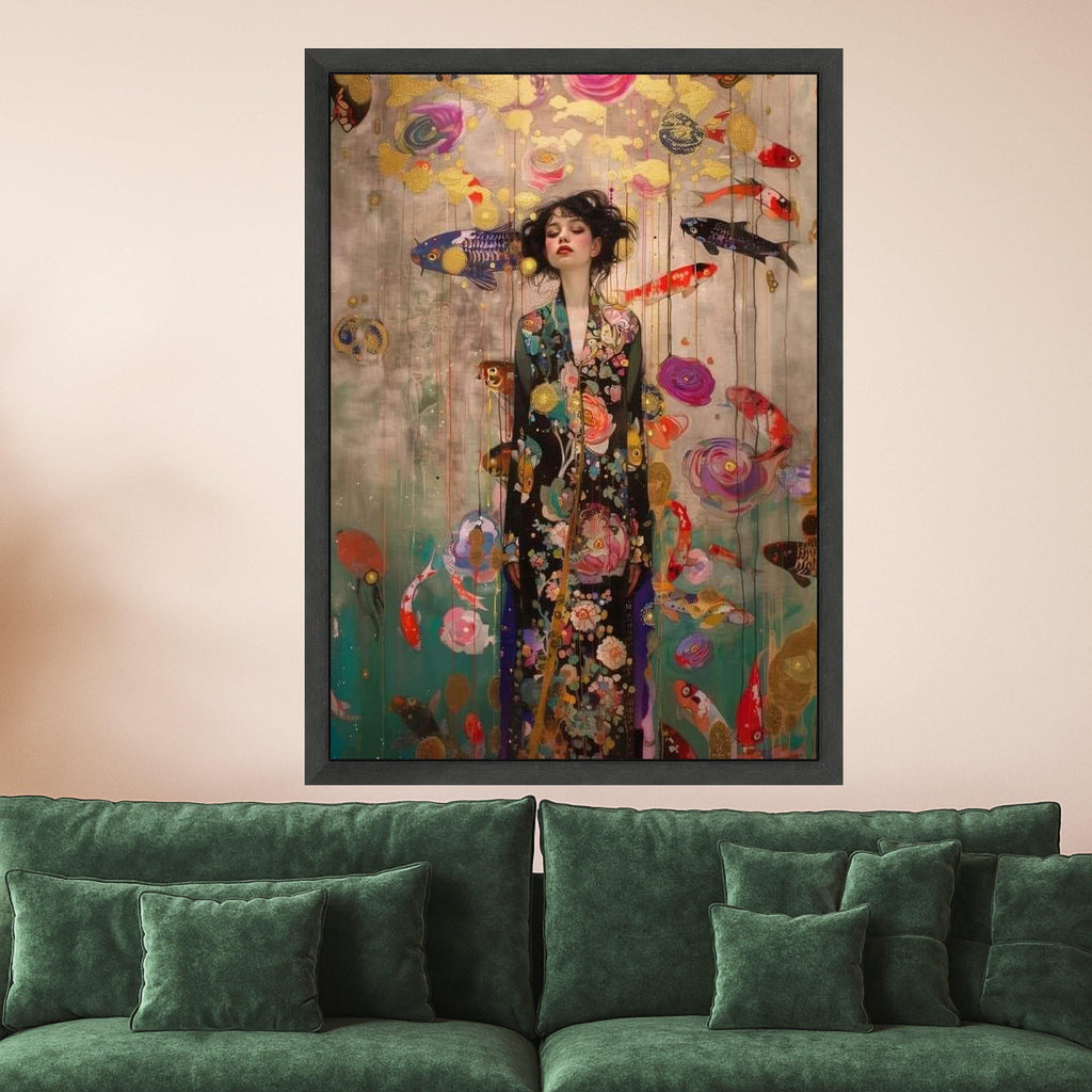 Elegant Woman in Floral Kimono, Koi Fish Canvas Wall Art, Gold Accents, Dreamy Asian Art Print, Modern Home Decoration, Ready Ready To Hang,