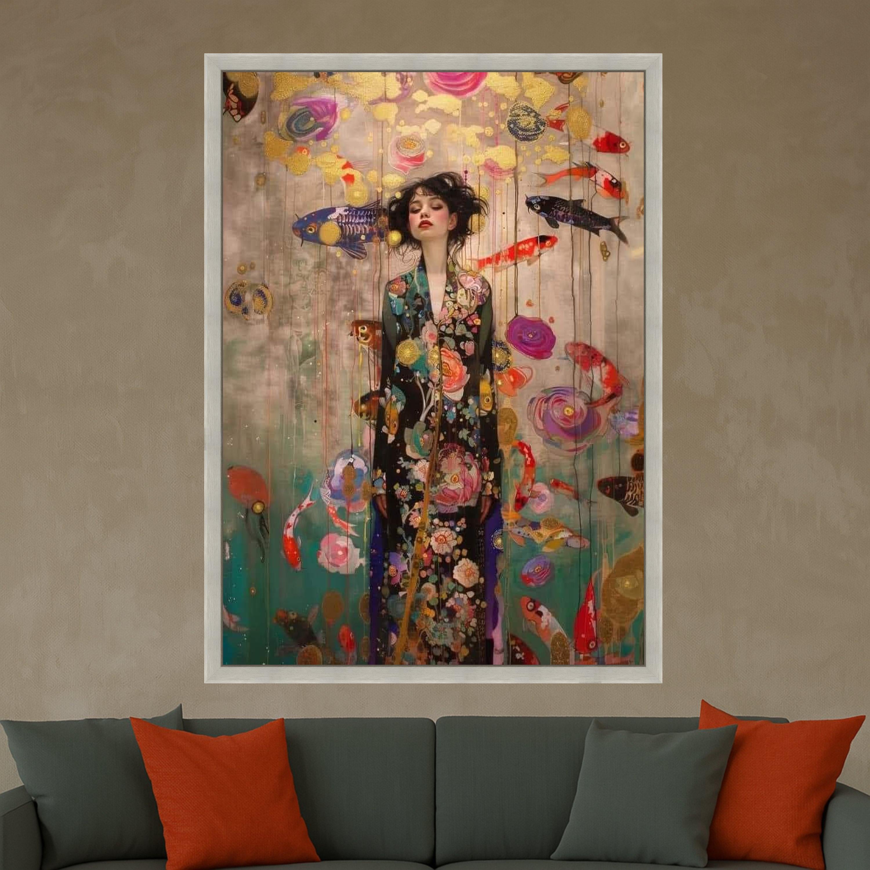 Elegant Woman in Floral Kimono, Koi Fish Canvas Wall Art, Gold Accents, Dreamy Asian Art Print, Modern Home Decoration, Ready Ready To Hang,
