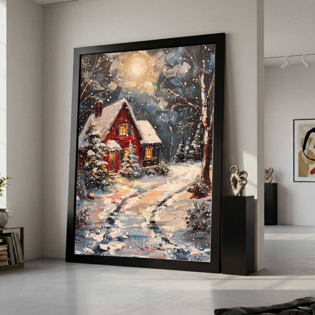 Cozy Winter Cabin Canvas, Snowy Night Landscape, Rustic Red House Wall Art, Winter Snow Scene Painting, Holiday Home Decor Ready To Hang,