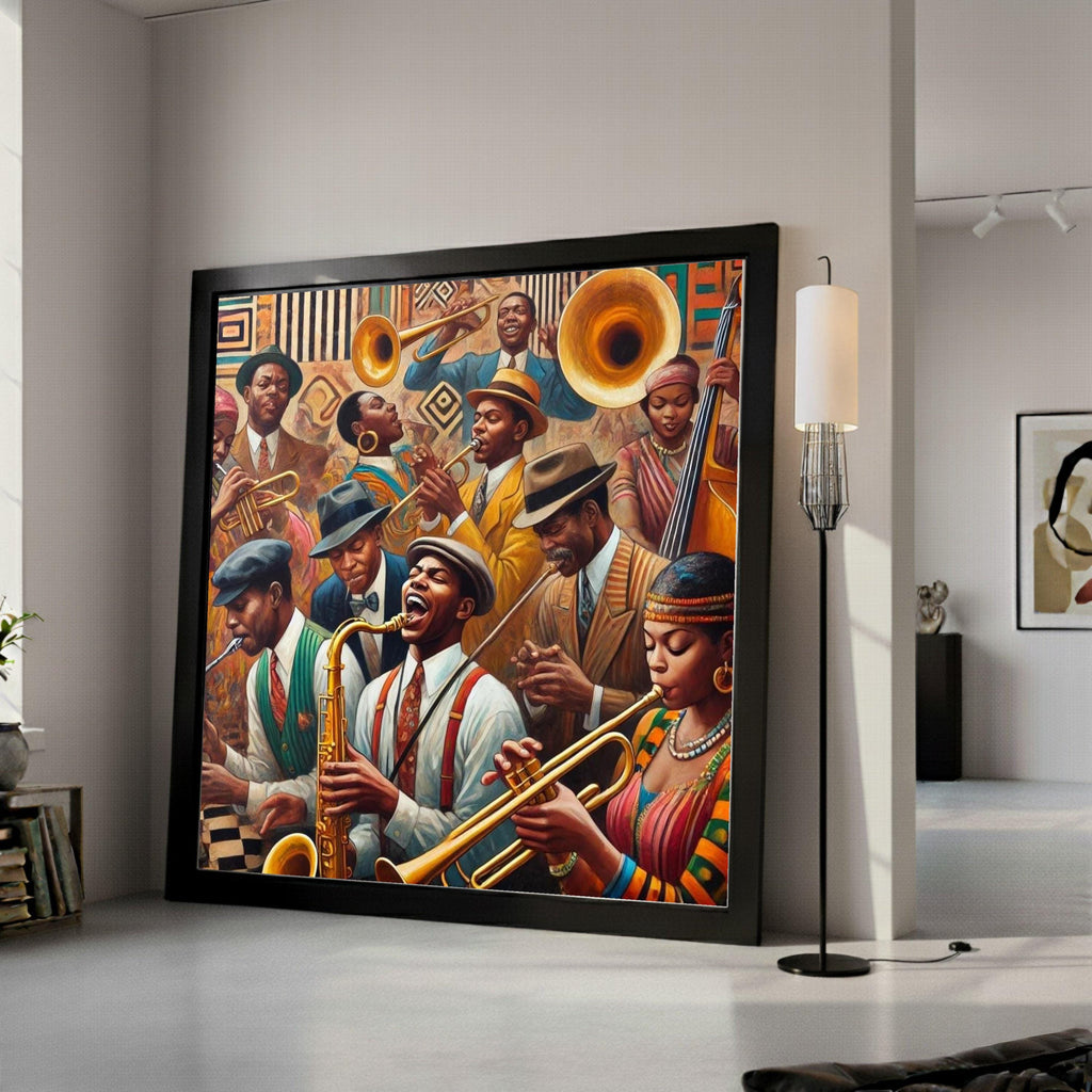 Vintage Jazz Band Canvas Wall Art, Musical Instruments Painting, Retro African American Musicians, Classic Jazz Scene, Home Ready To Hang,