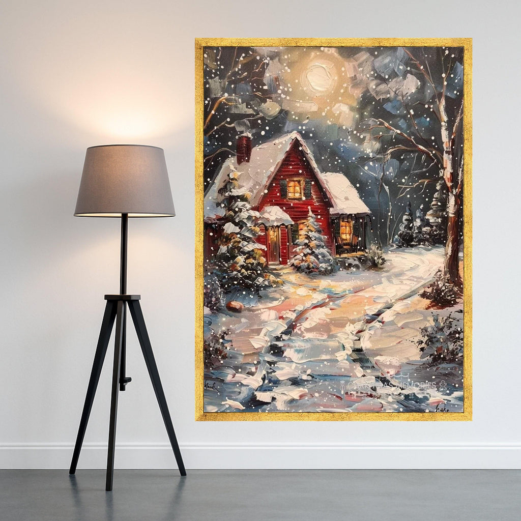 Cozy Winter Cabin Canvas, Snowy Night Landscape, Rustic Red House Wall Art, Winter Snow Scene Painting, Holiday Home Decor Ready To Hang,