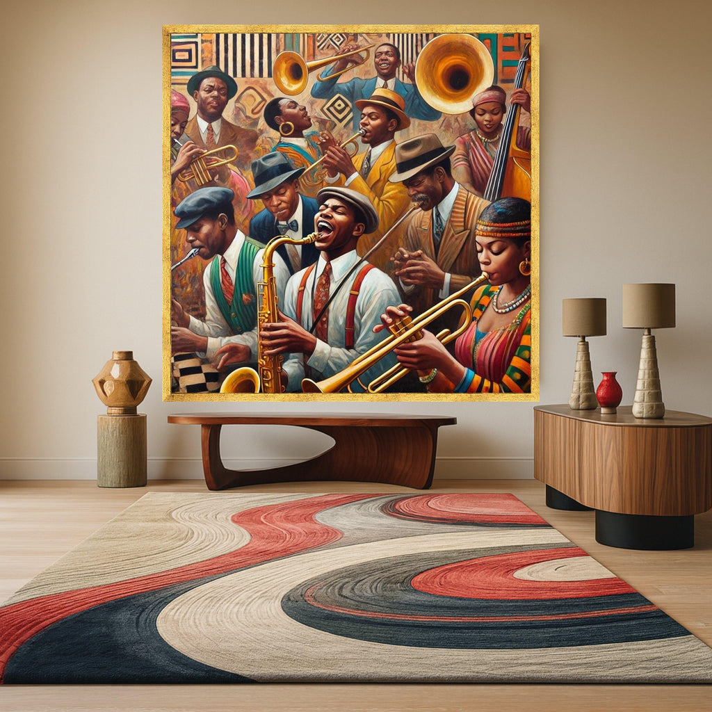 Vintage Jazz Band Canvas Wall Art, Musical Instruments Painting, Retro African American Musicians, Classic Jazz Scene, Home Ready To Hang,