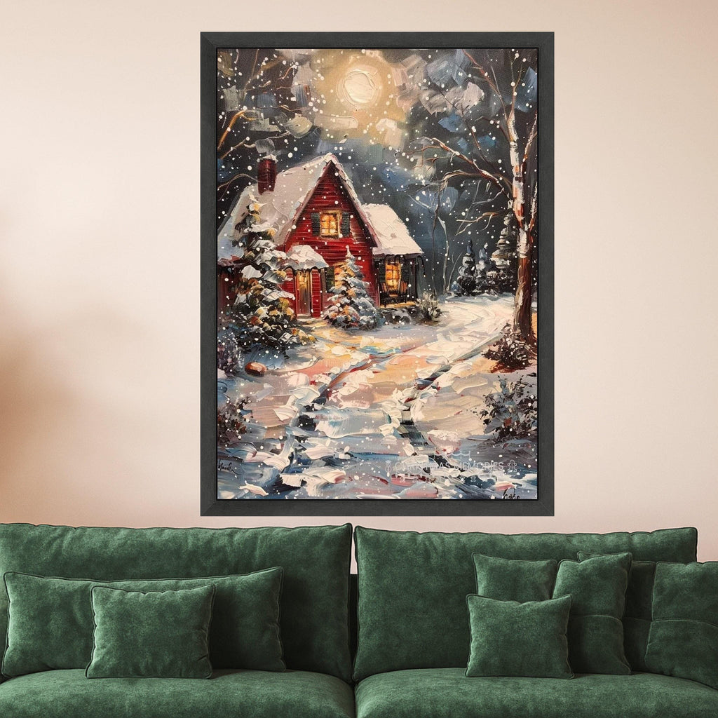 Cozy Winter Cabin Canvas, Snowy Night Landscape, Rustic Red House Wall Art, Winter Snow Scene Painting, Holiday Home Decor Ready To Hang,
