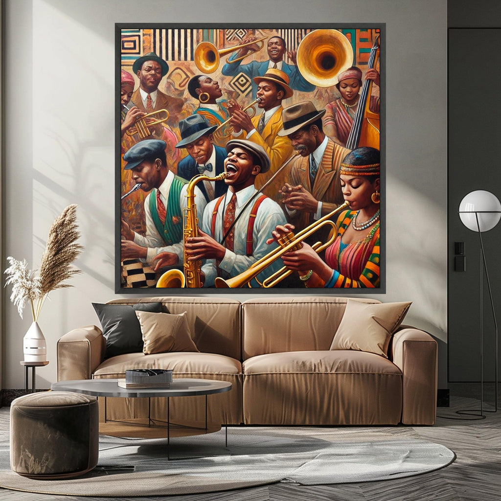 Vintage Jazz Band Canvas Wall Art, Musical Instruments Painting, Retro African American Musicians, Classic Jazz Scene, Home Ready To Hang,
