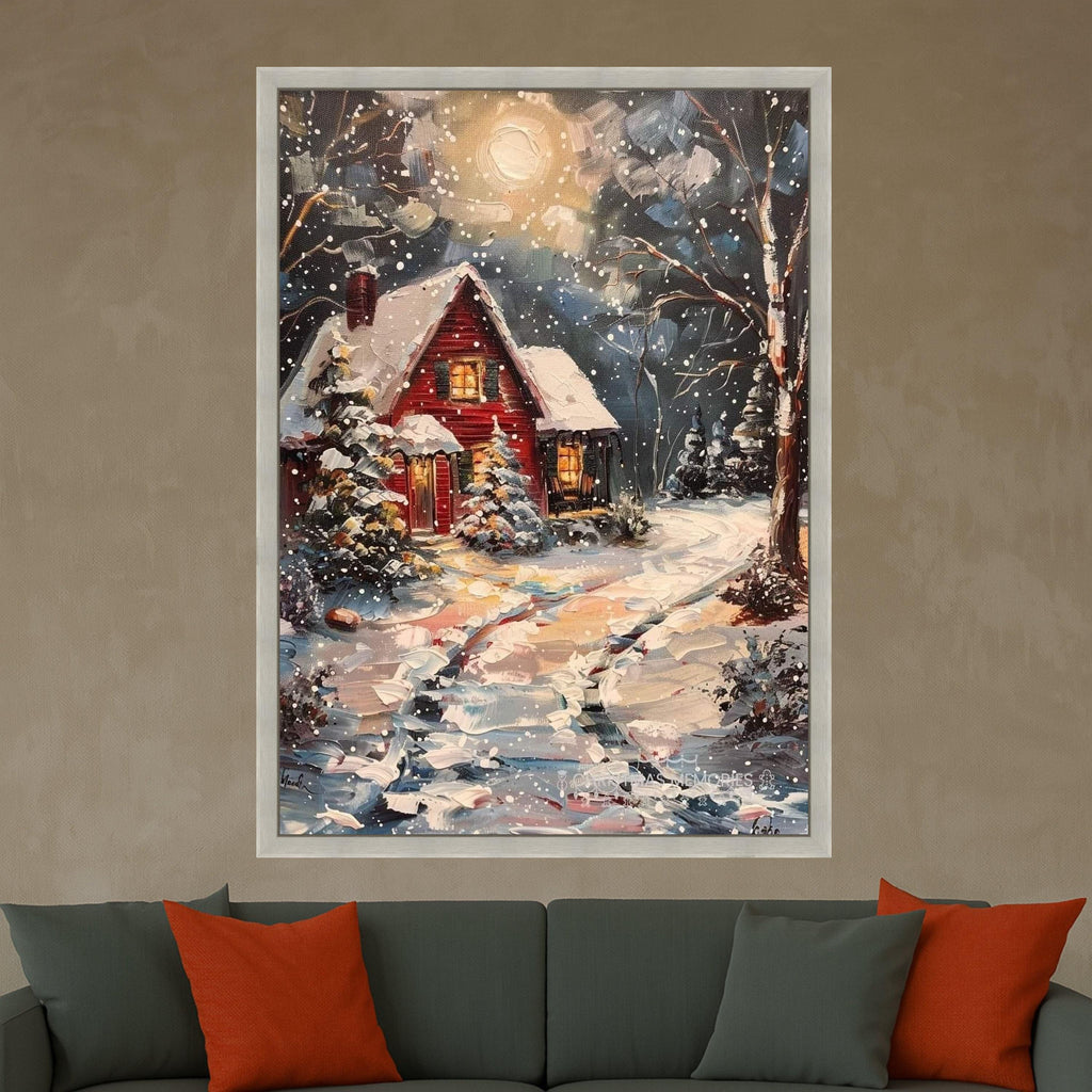 Cozy Winter Cabin Canvas, Snowy Night Landscape, Rustic Red House Wall Art, Winter Snow Scene Painting, Holiday Home Decor Ready To Hang,