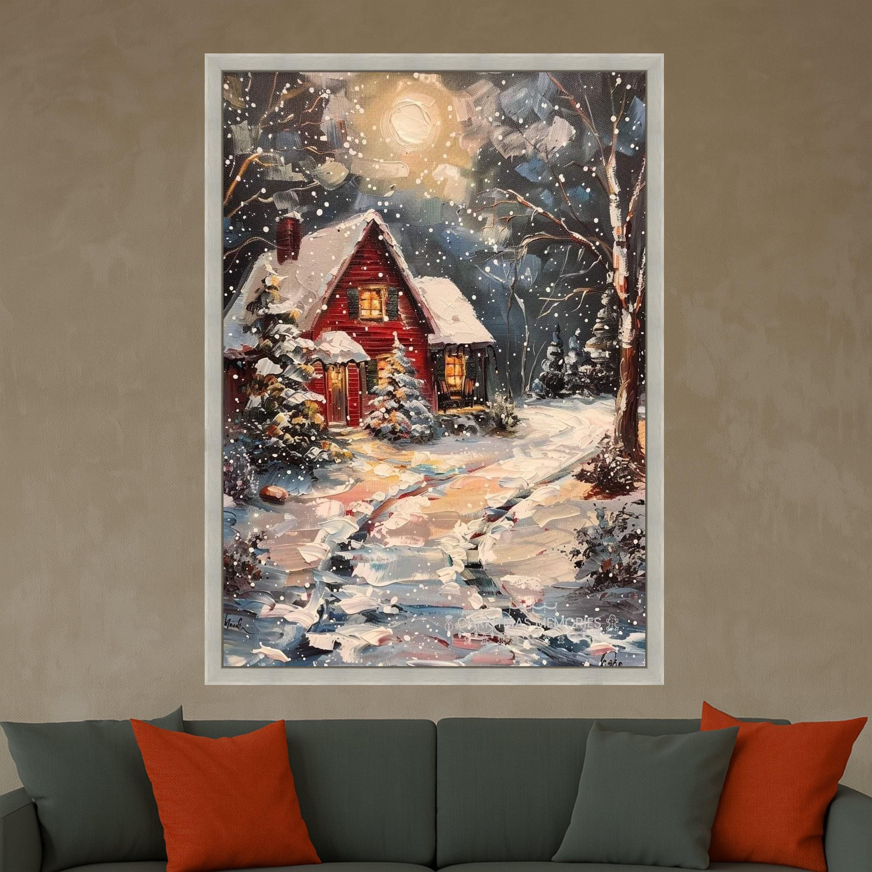 Cozy Winter Cabin Canvas, Snowy Night Landscape, Rustic Red House Wall Art, Winter Snow Scene Painting, Holiday Home Decor Ready To Hang,