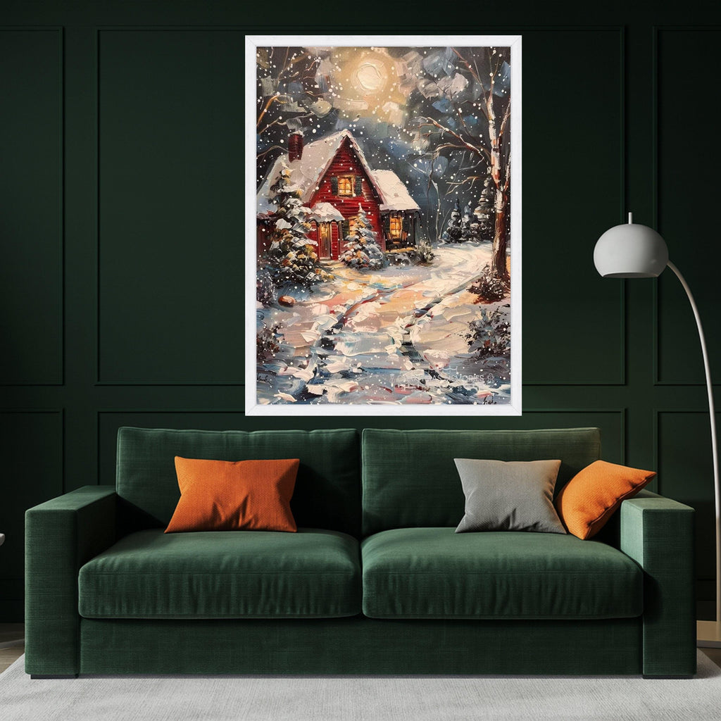 Cozy Winter Cabin Canvas, Snowy Night Landscape, Rustic Red House Wall Art, Winter Snow Scene Painting, Holiday Home Decor Ready To Hang,