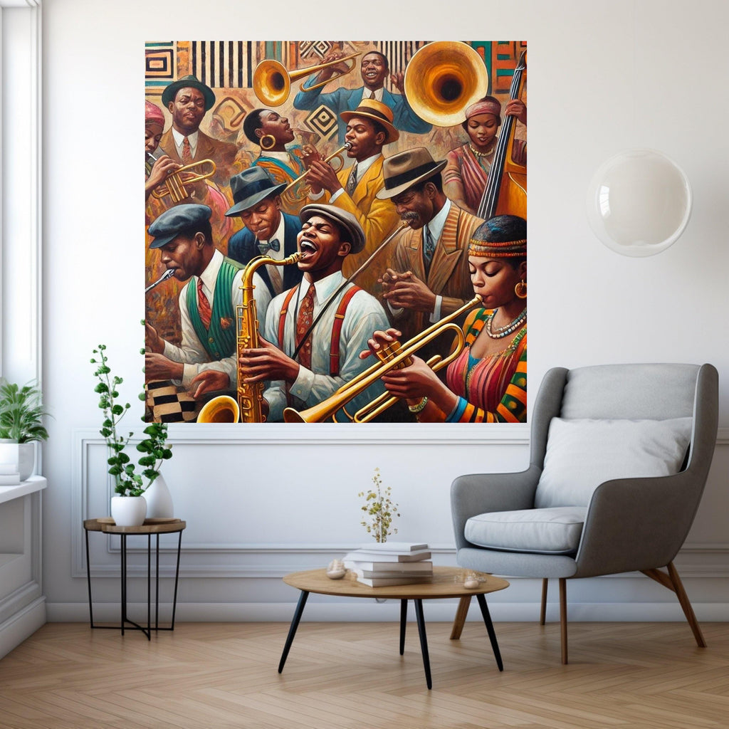 Vintage Jazz Band Canvas Wall Art, Musical Instruments Painting, Retro African American Musicians, Classic Jazz Scene, Home Ready To Hang,