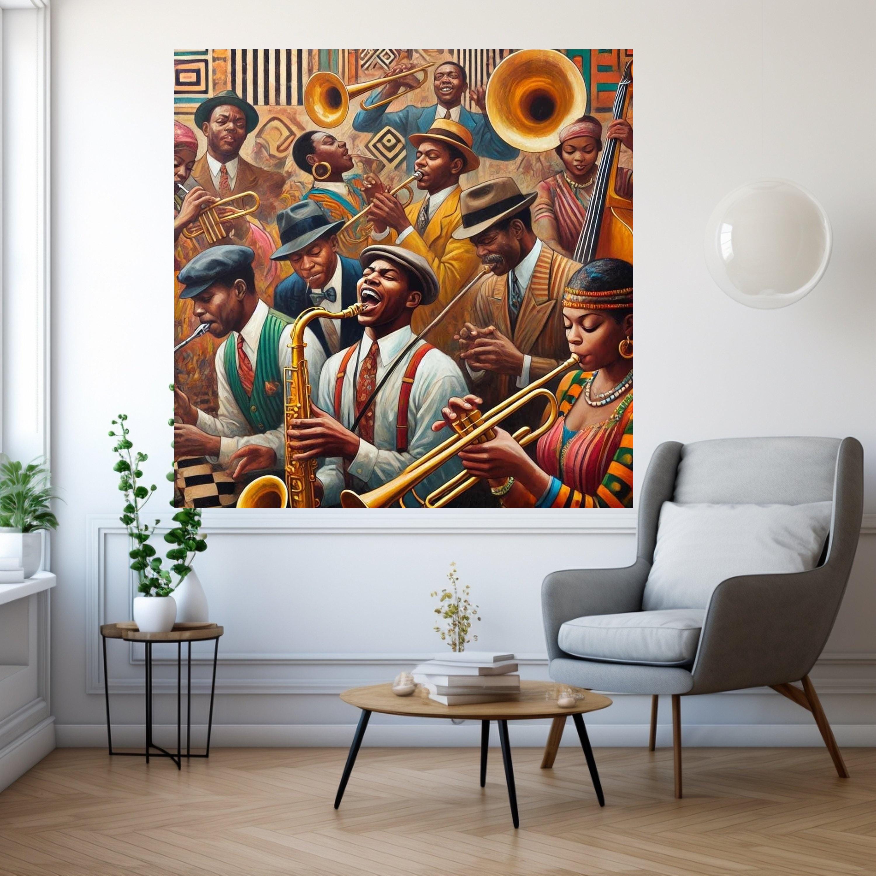 Vintage Jazz Band Canvas Wall Art, Musical Instruments Painting, Retro African American Musicians, Classic Jazz Scene, Home Ready To Hang,