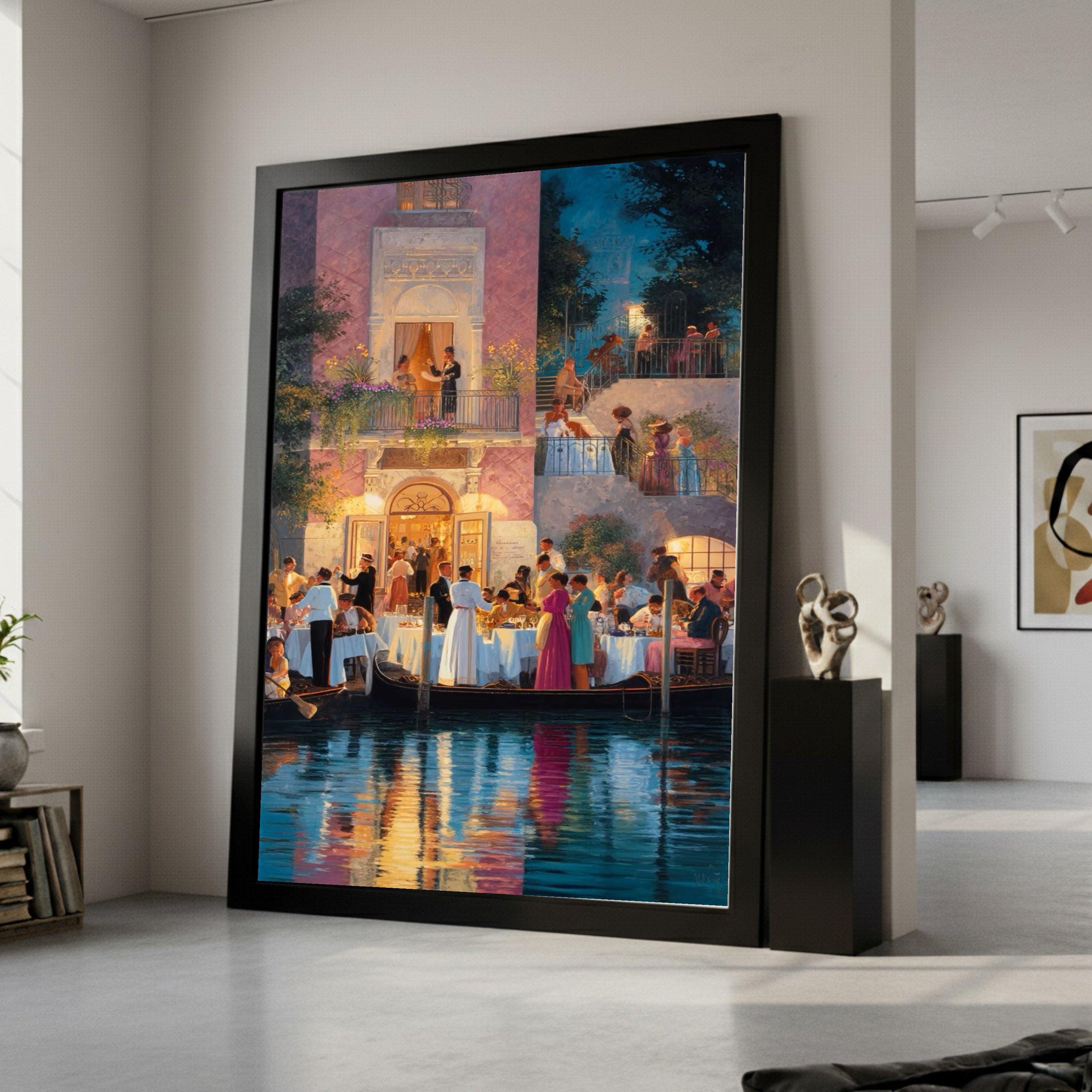 Elegant Evening Gathering, Venice Canal Dining Canvas, Romantic Waterfront Scene, Classic Italian Architecture Wall Art, Fine Ready To Hang,