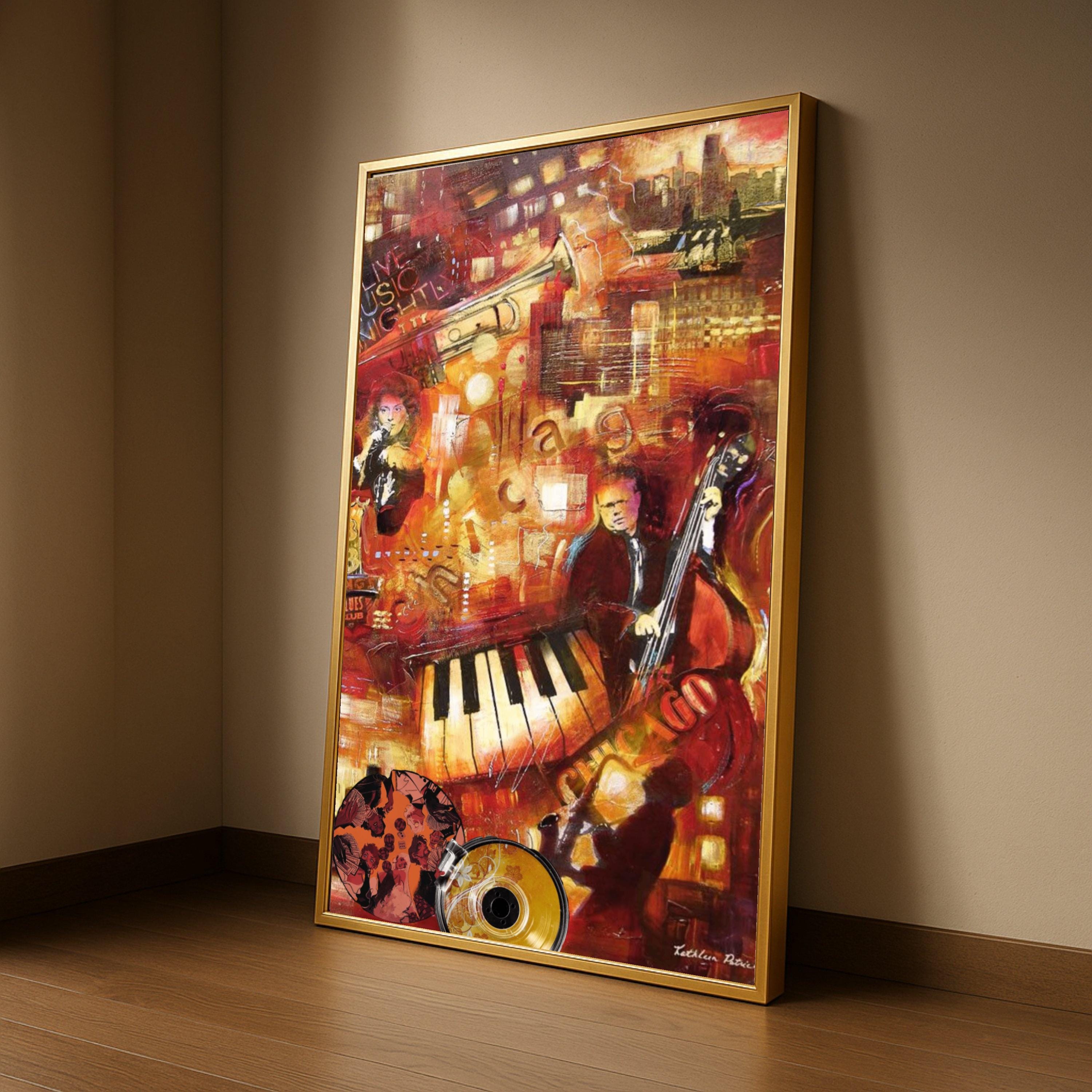 Vibrant Jazz Night Scene Canvas, Musical Instruments Art, Urban Music Club Wall Art, Abstract Piano Trumpet Double Bass, Ready To Hang,