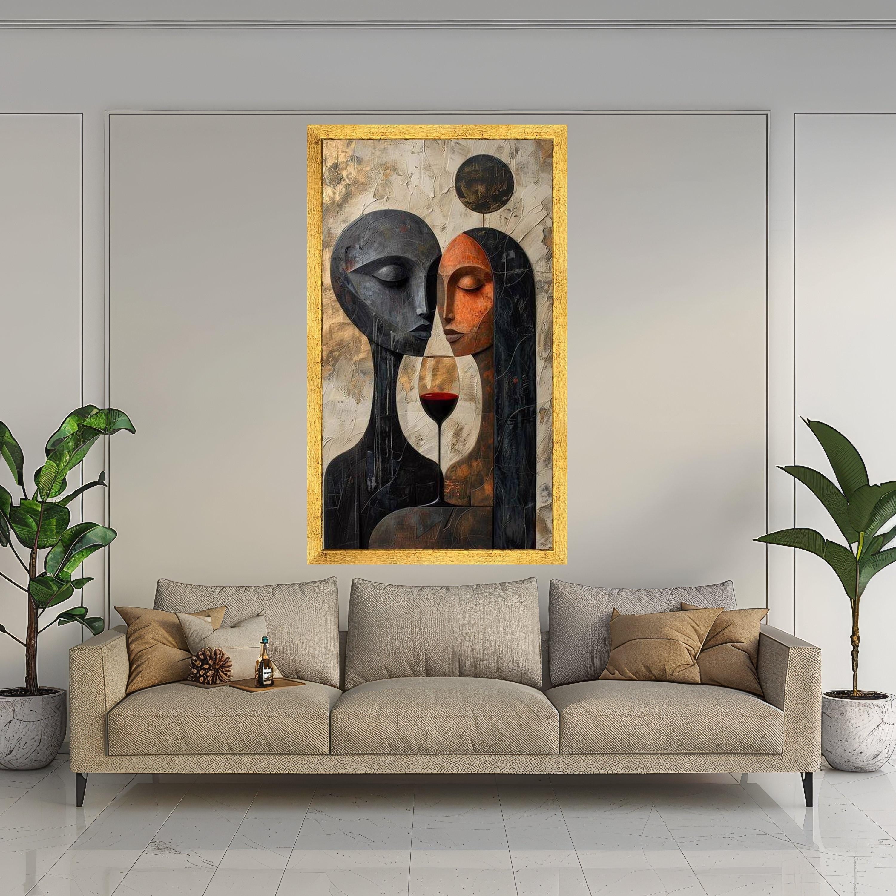 Abstract Lovers with Wine Glass Canvas, Modern Couple Wall Art, Romantic Home Decor, Contemporary Painting, Ready to Hang Ready To Hang,