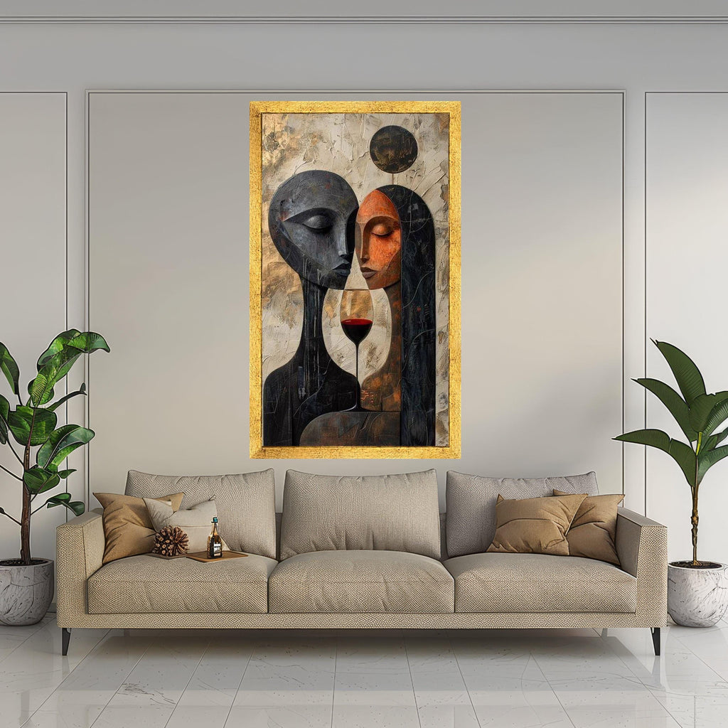 Abstract Lovers with Wine Glass Canvas, Modern Couple Wall Art, Romantic Home Decor, Contemporary Painting, Ready to Hang Ready To Hang,