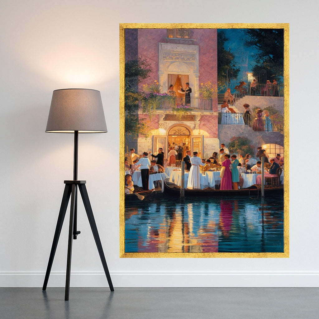 Elegant Evening Gathering, Venice Canal Dining Canvas, Romantic Waterfront Scene, Classic Italian Architecture Wall Art, Fine Ready To Hang,