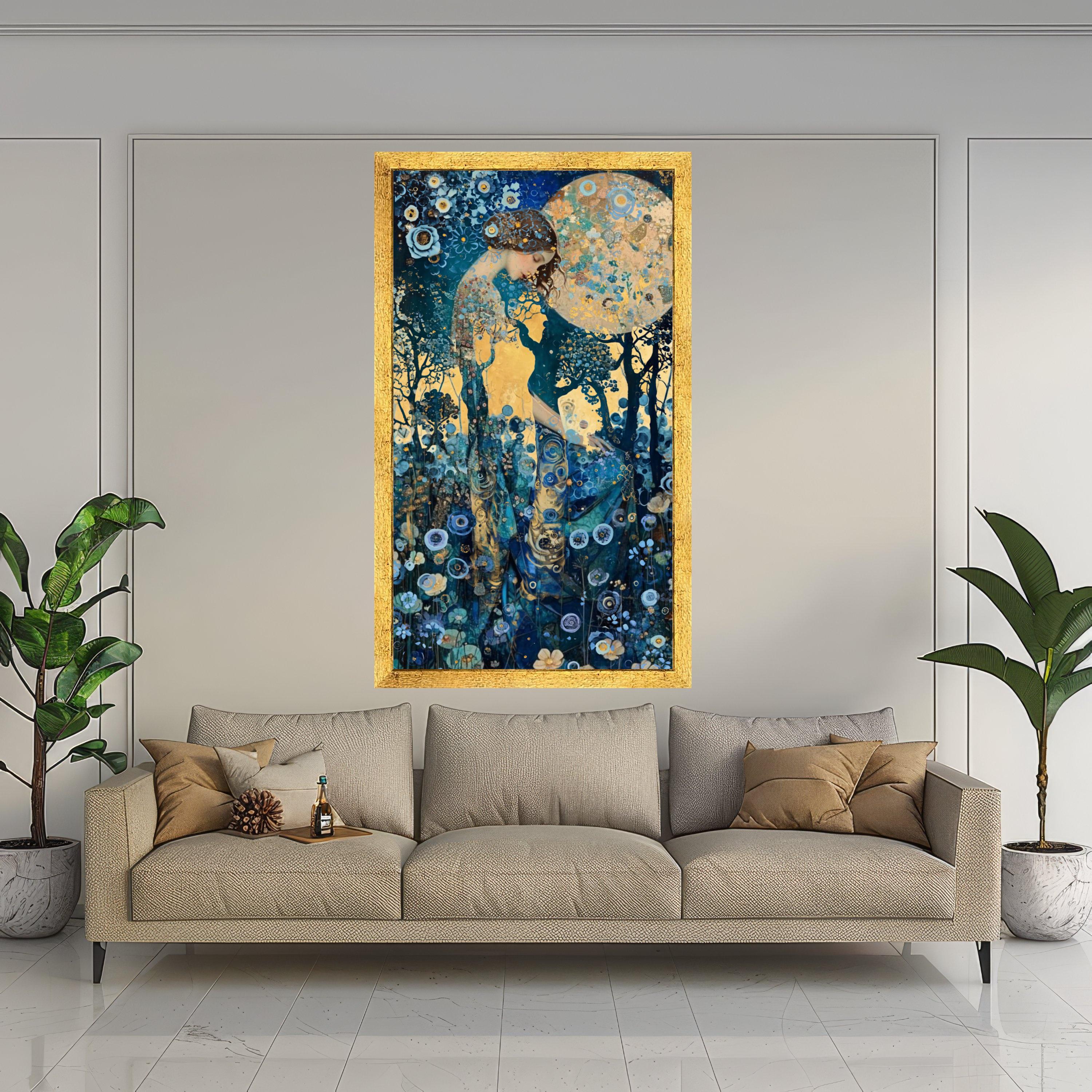 Mystical Woman in Floral Forest, Dreamy Night Canvas Art, Abstract Botanical Wall Decor, Fantasy Moonlight Painting, Blue and Ready To Hang,