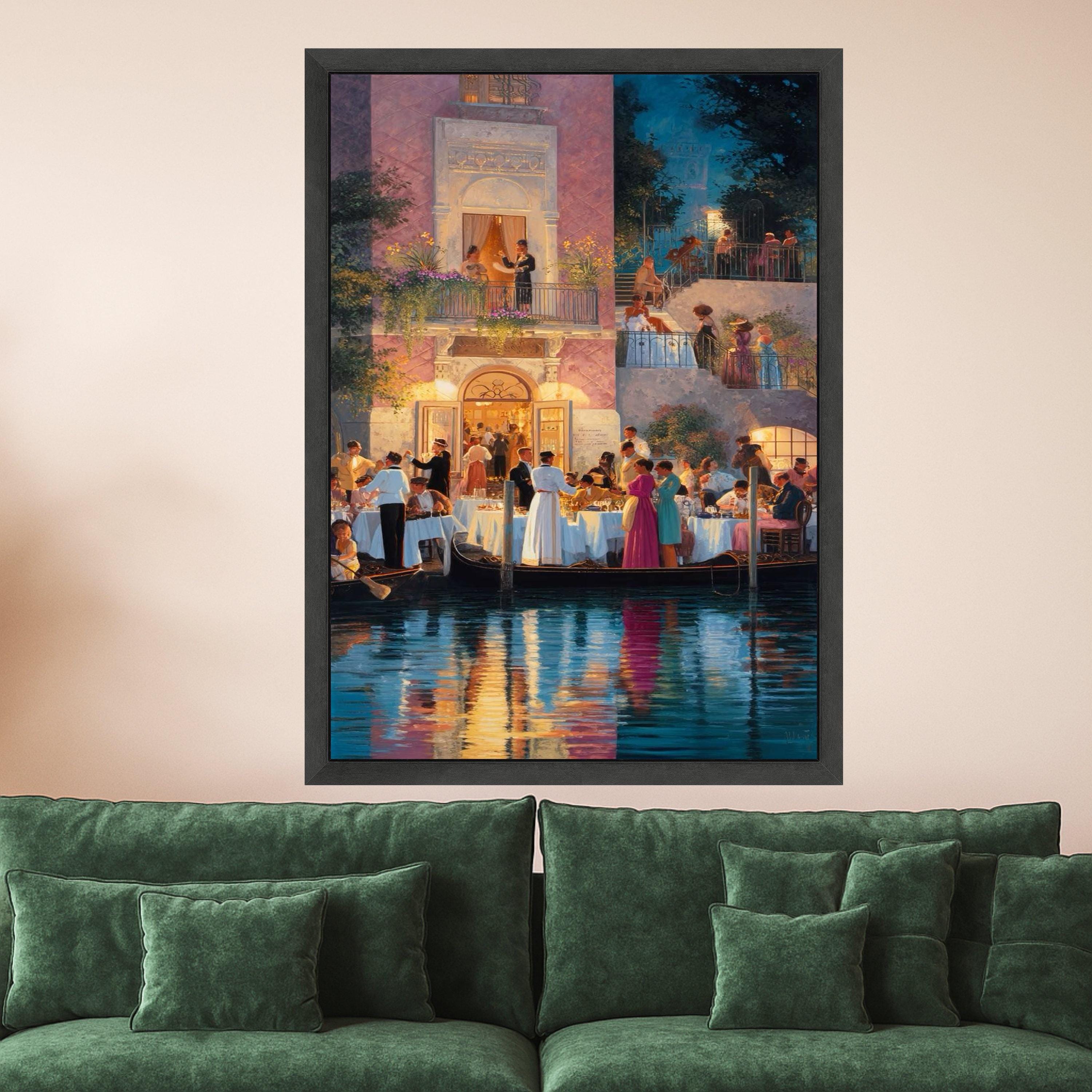 Elegant Evening Gathering, Venice Canal Dining Canvas, Romantic Waterfront Scene, Classic Italian Architecture Wall Art, Fine Ready To Hang,