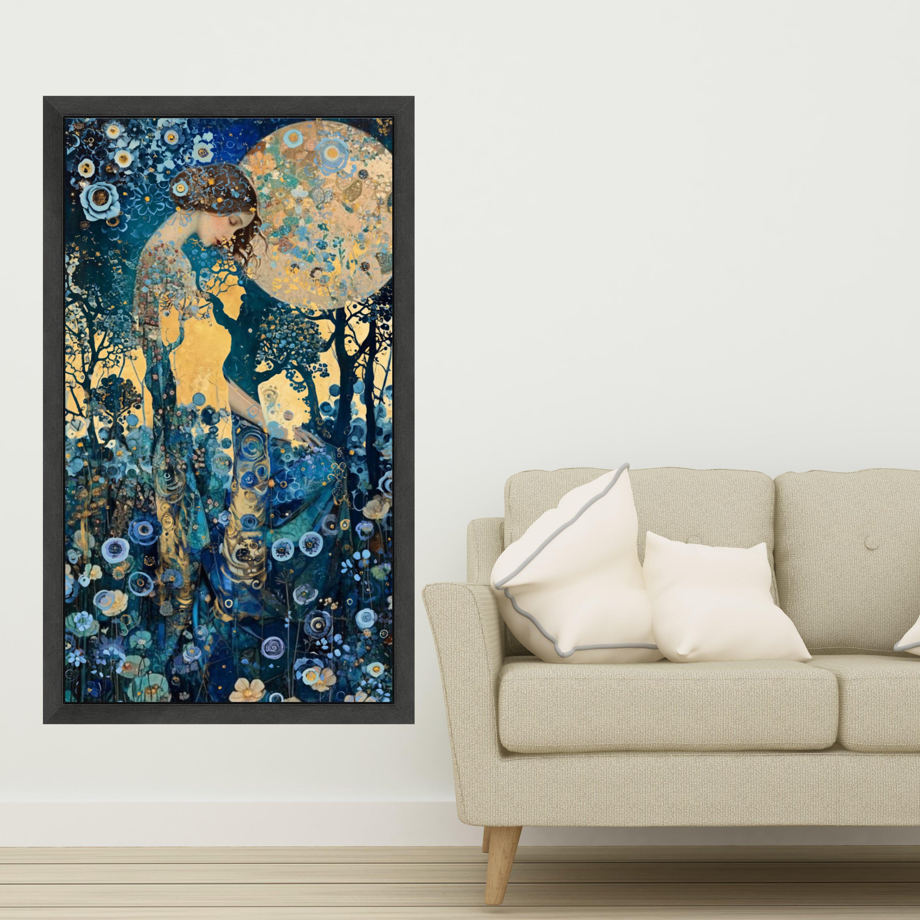 Mystical Woman in Floral Forest, Dreamy Night Canvas Art, Abstract Botanical Wall Decor, Fantasy Moonlight Painting, Blue and Ready To Hang,